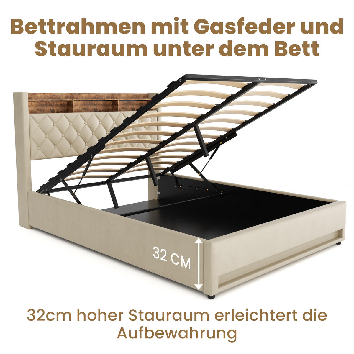 POLSTERBETT aus Samt 160x200 cm Beige mit Stauraum-Kopfteil und LED-Lichtleiste - Beige, Textil (160/200cm) - Modfu
