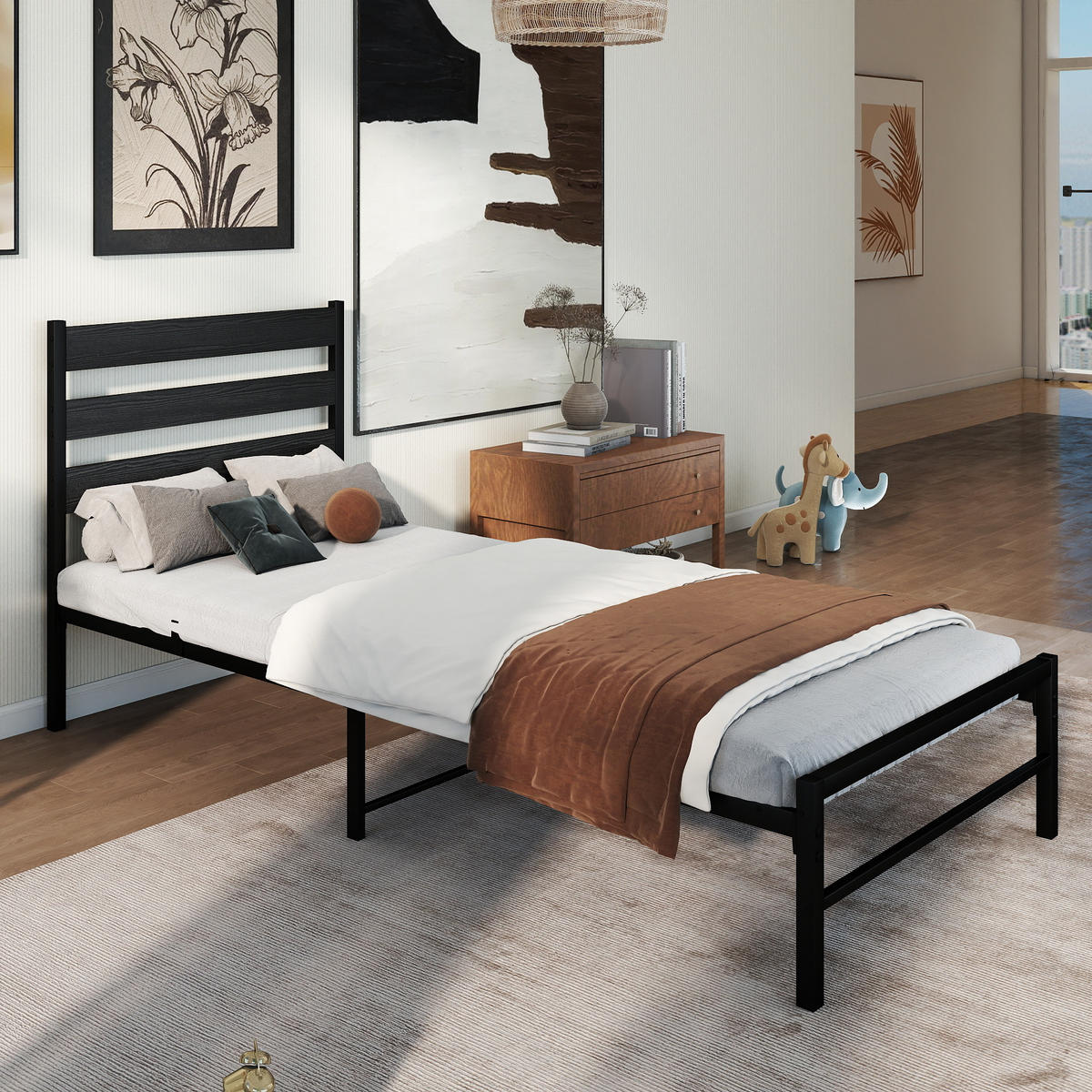 METALLBETT 90/200 cm Schwarz mit komfortablem Kopfteil - Schwarz, Metall (90/200cm) - OKWISH