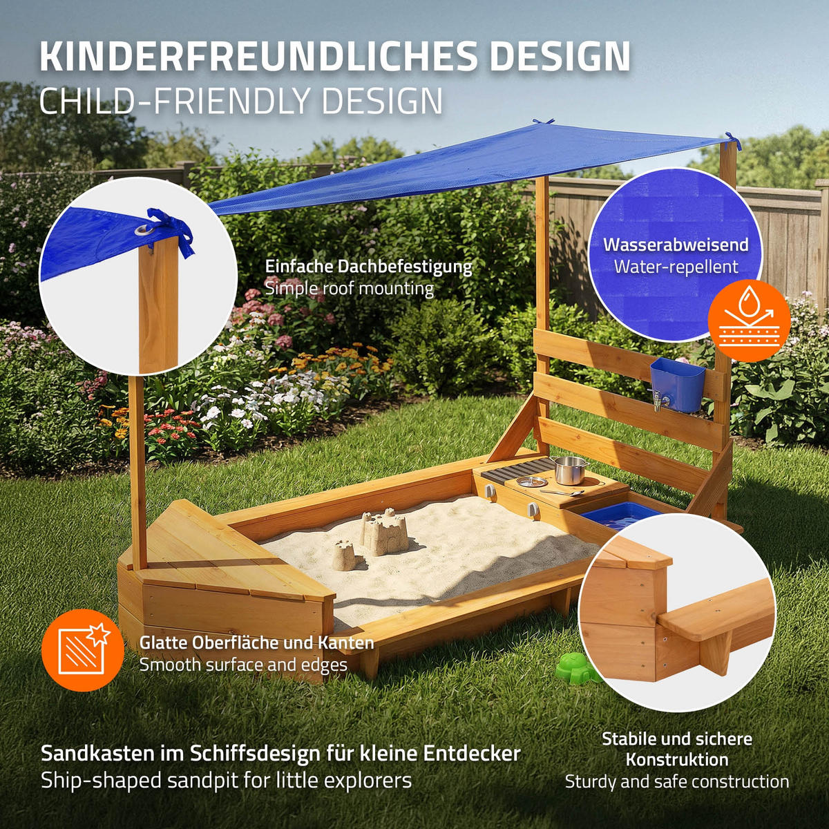 SANDKASTEN mit Dach und Matschküche aus Massivholz 101x163 cm - Braun, Holz (101/163/120.5cm) - ML-DESIGN