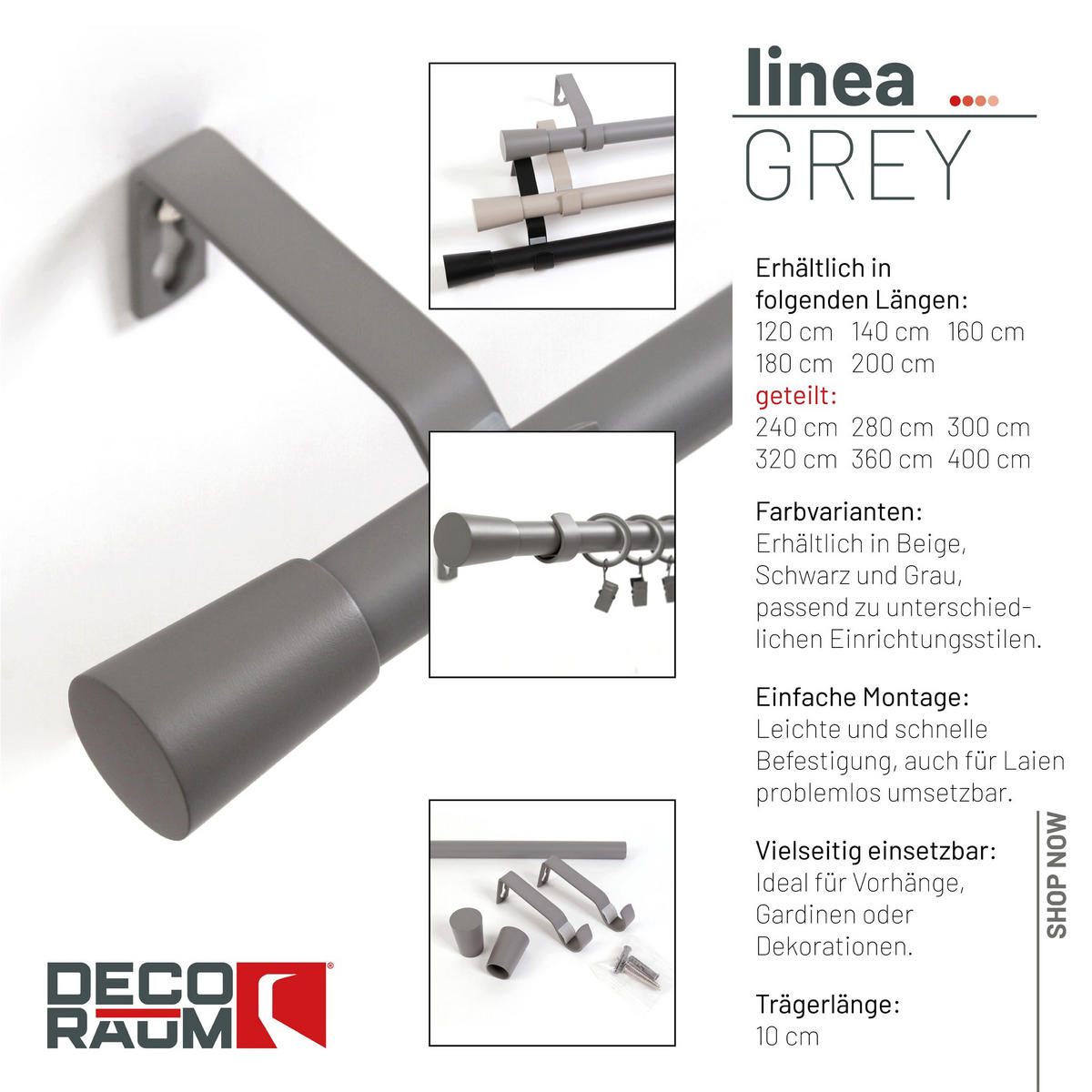 GARDINENSTANGE 1-lauf Kegel - Grau, Metall (140cm) - Deco-Raum