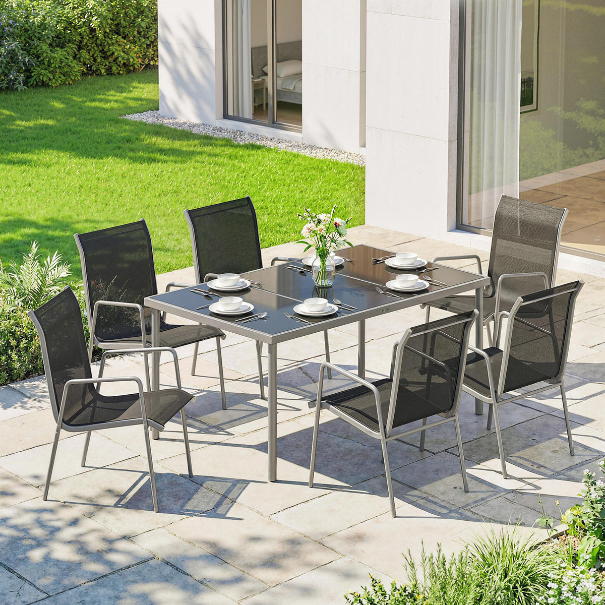 OUTDOOR-ESSGRUPPE 7er Set Metall Netzstoff Silber Schwarz - Silberfarben/Schwarz, Metall - Outsunny