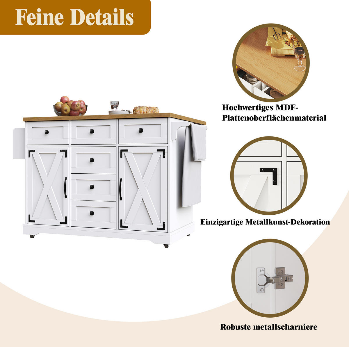 KLAPP-SERVIERWAGEN Kücheninsel faltbar 147x44-70x93cm Weiß aus Metall und MDF - Weiß, Holzwerkstoff (147/93/70cm) - Modfu