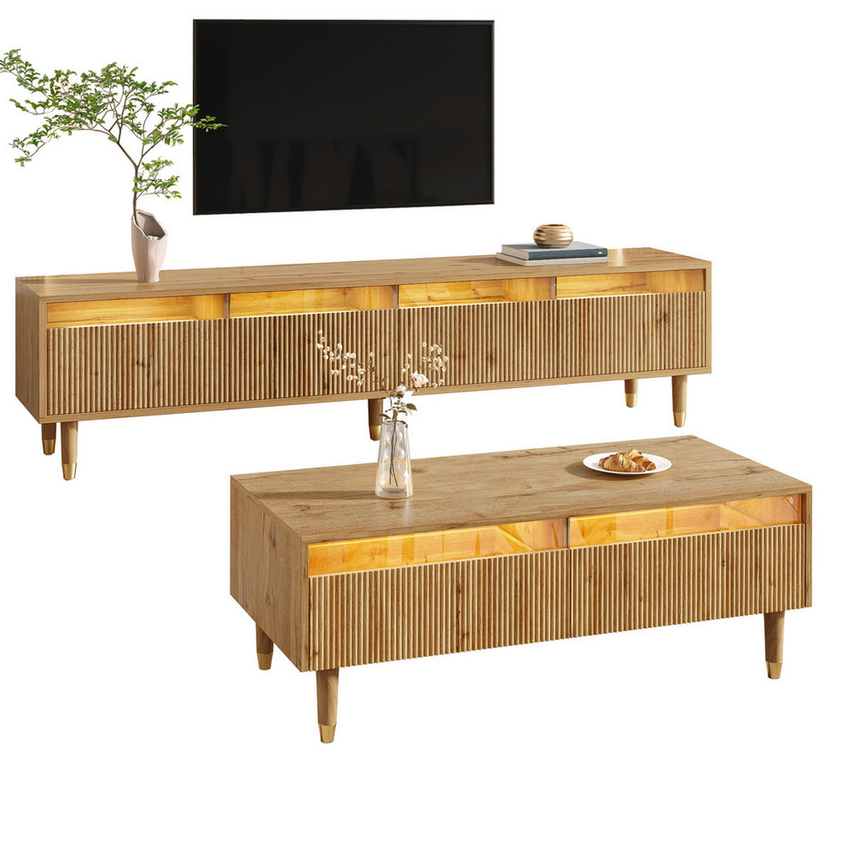 TV-SCHRANK SET 4 Türen Couchtisch 2 Schubladen LED Holz Gold - Braun, Holz (57.78/12.7/119cm) - FLIEKS