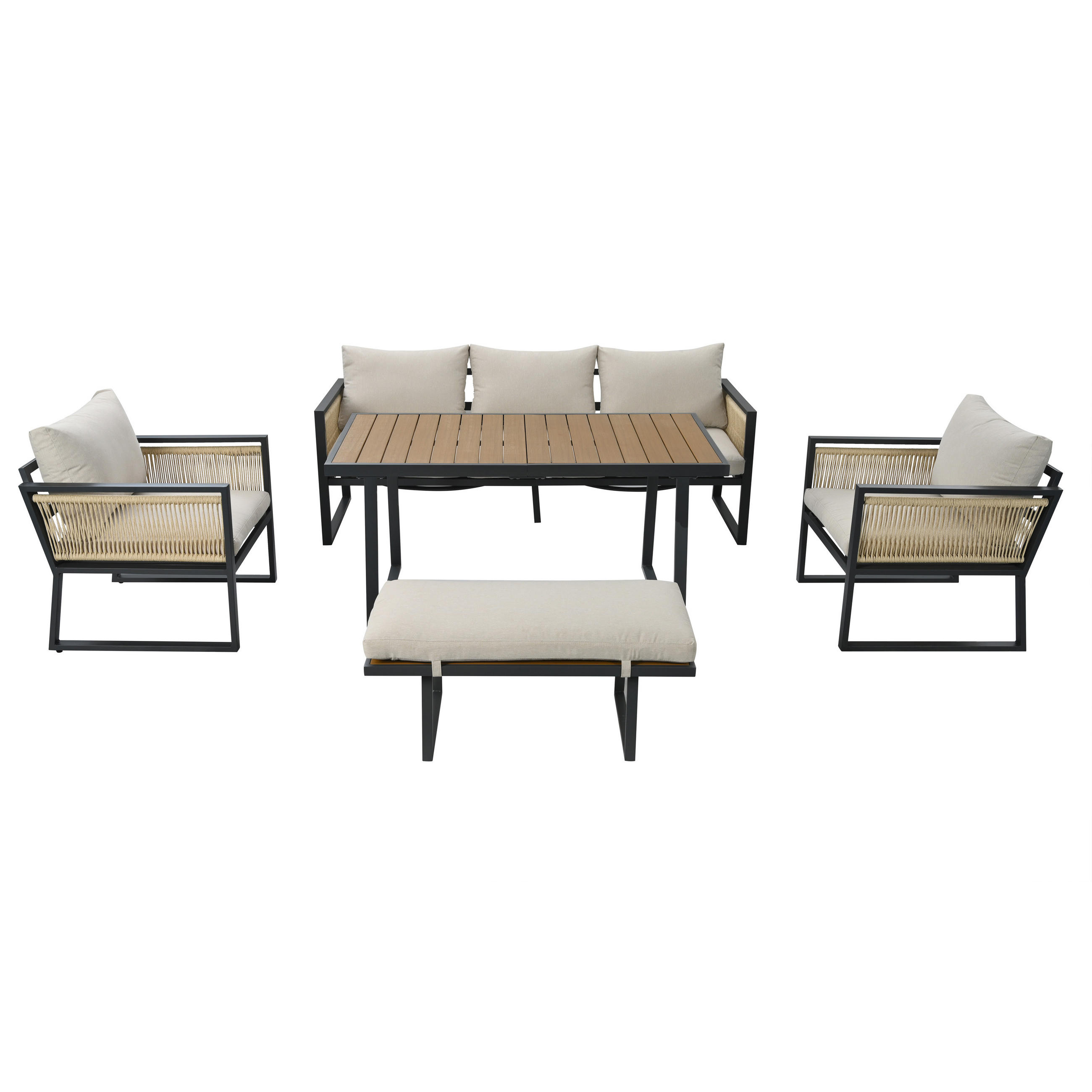 GARTEN-ESSGRUPPE Beige 5-tlg. mit 3er Sofa, 2 Sesseln, Hocker & Esstisch - Beige, Metall - ComfortXL