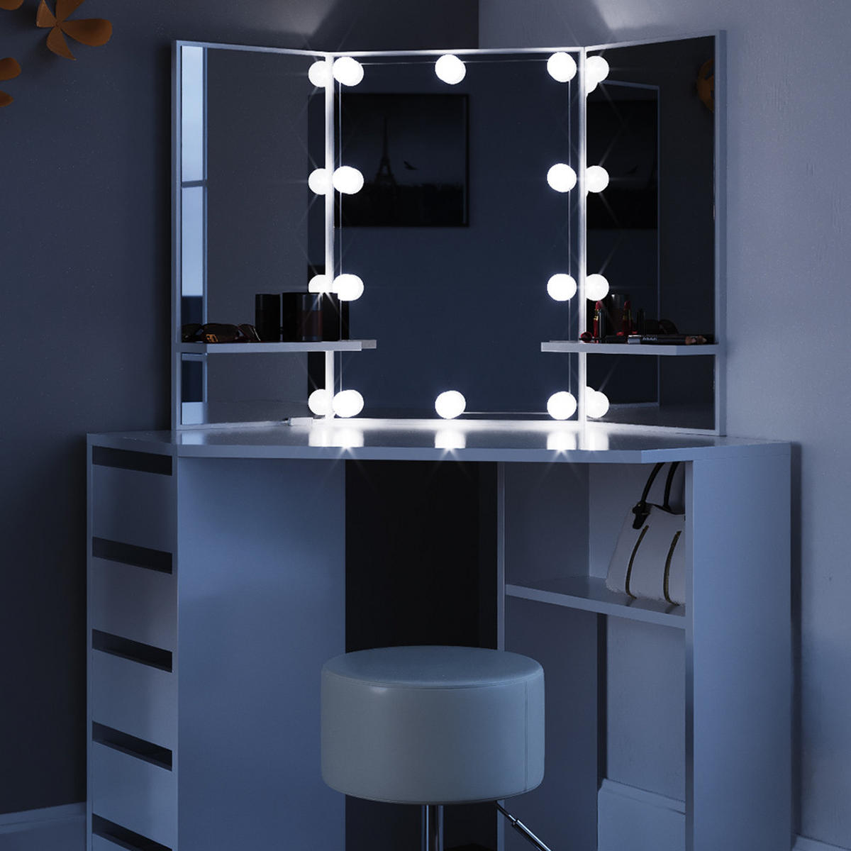 ECKSCHMINKTISCH Arielle Weiß 110 cm mit Hocker - Weiß, Holzwerkstoff (110/141.5/54cm) - Vicco