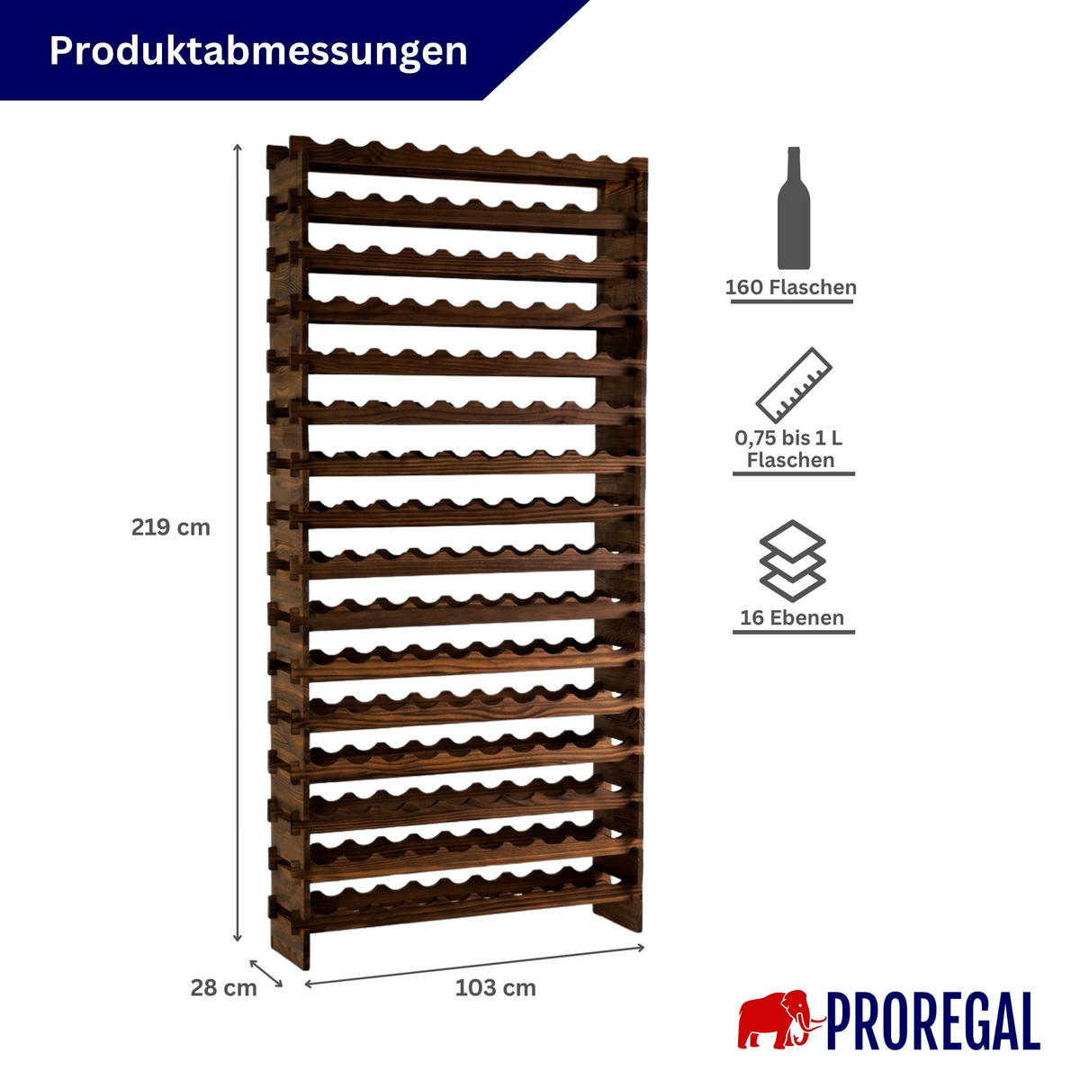 WEINREGAL NAVARRA aus Holz 219x103x28cm 160 Flaschen auf 16 Ebenen Braun geölt - Braun, Holz (103/219/28cm) - PROREGAL