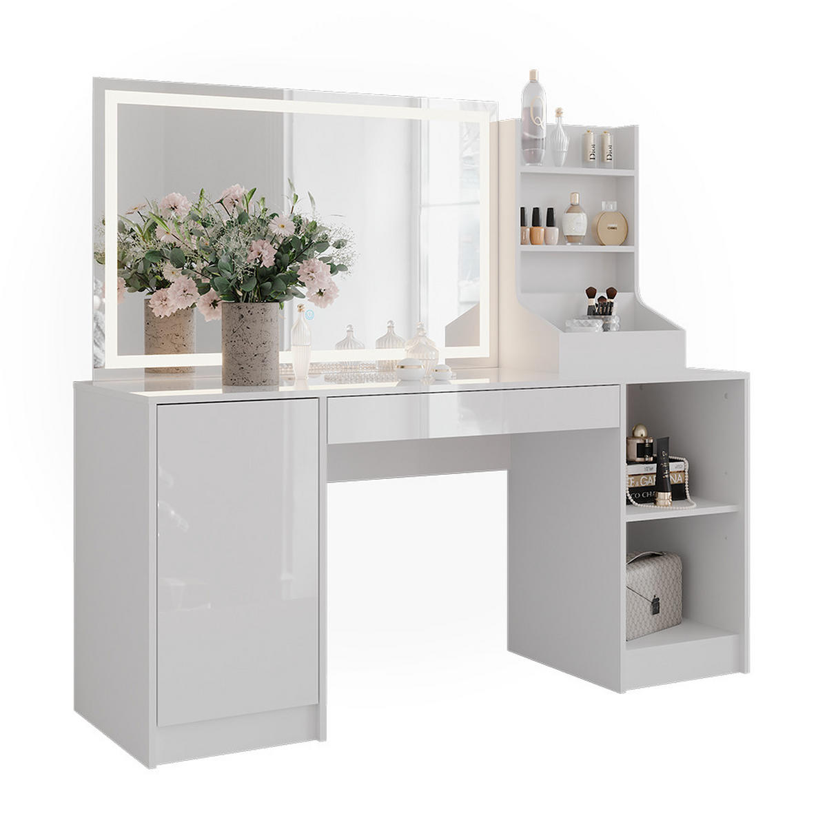 SCHMINKTISCH Sherry Weiß/Weiß Hochglanz 158.2 cm 3 Teile - Weiß Hochglanz, Holzwerkstoff (158.2/76/50.1cm) - Vicco