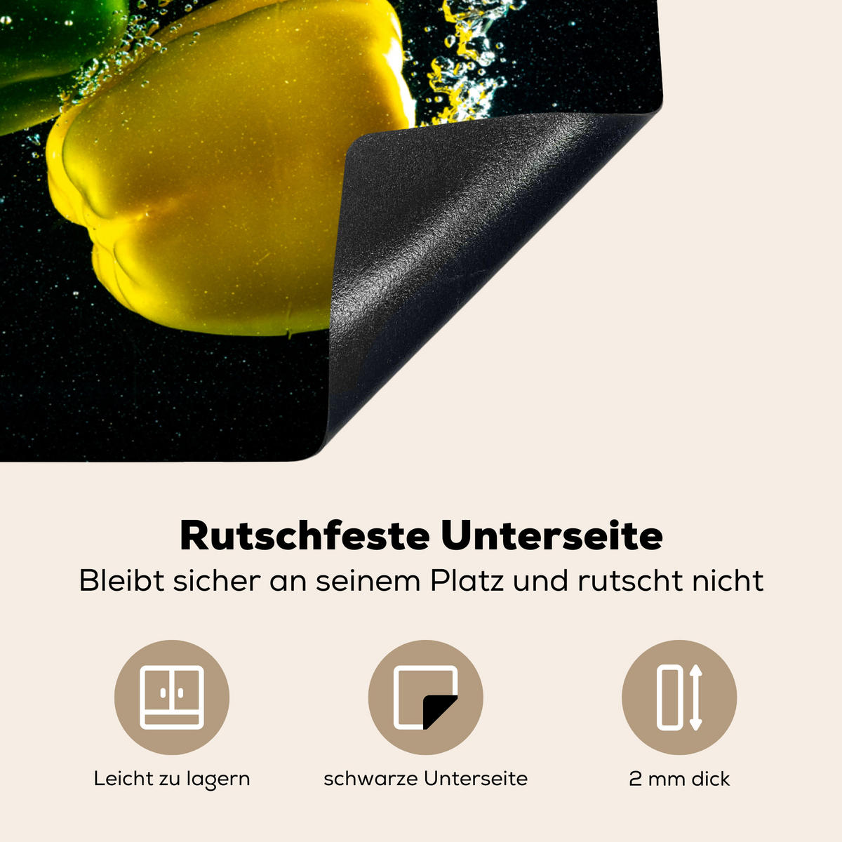 HERDABDECKPLATTE Paprika - Gemüse - Wasser - Schwarz - Rot - Grün - Gelb Herdabdeckung Induktionsfeld 70x52 cm - Multicolor, Kunststoff (70/52/0.2cm) - MuchoWow