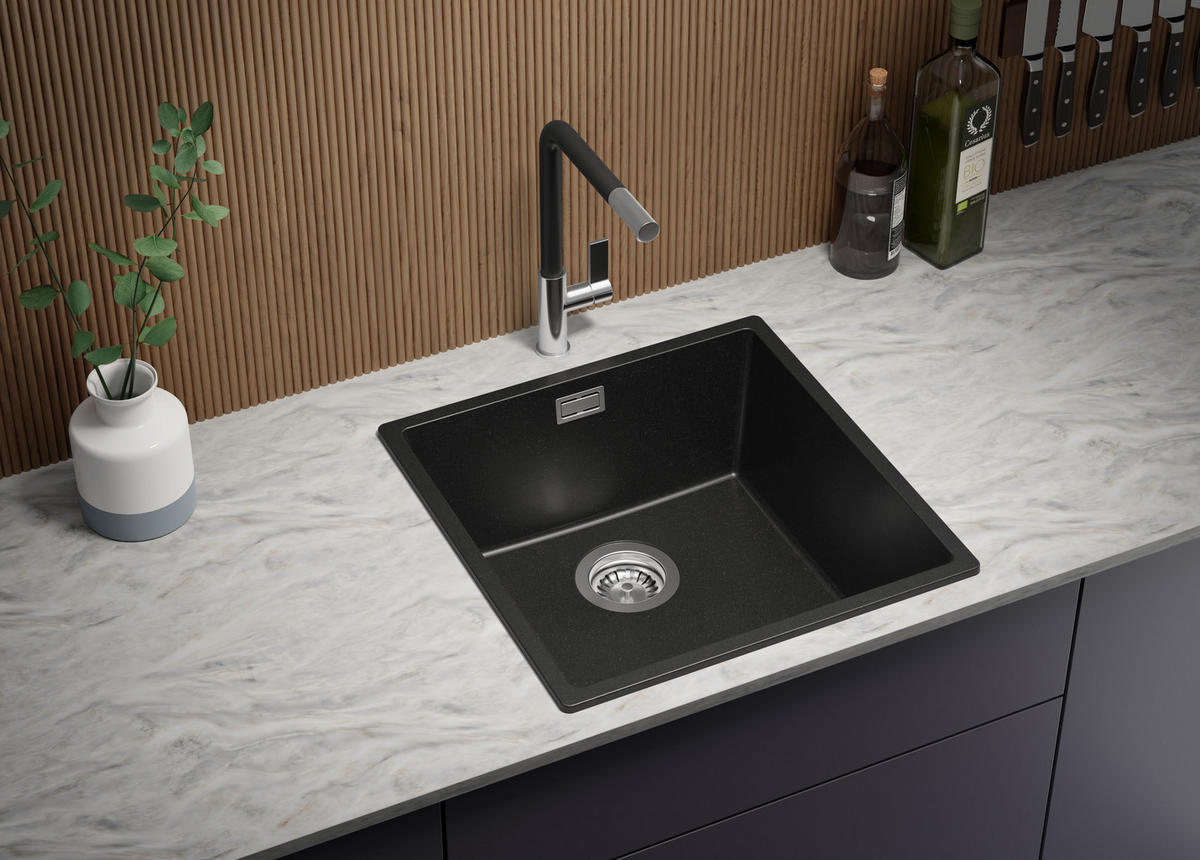 GRANITSPÜLE London Slim, 2-er set Schwarz 46/47 cm 1 Becken + Küchenarmatur 40/38 cm + Ablauf-Set ab 50er Unterschrank - Chromfarben/Schwarz, Kunststoff (46/20/47cm) - Primagran