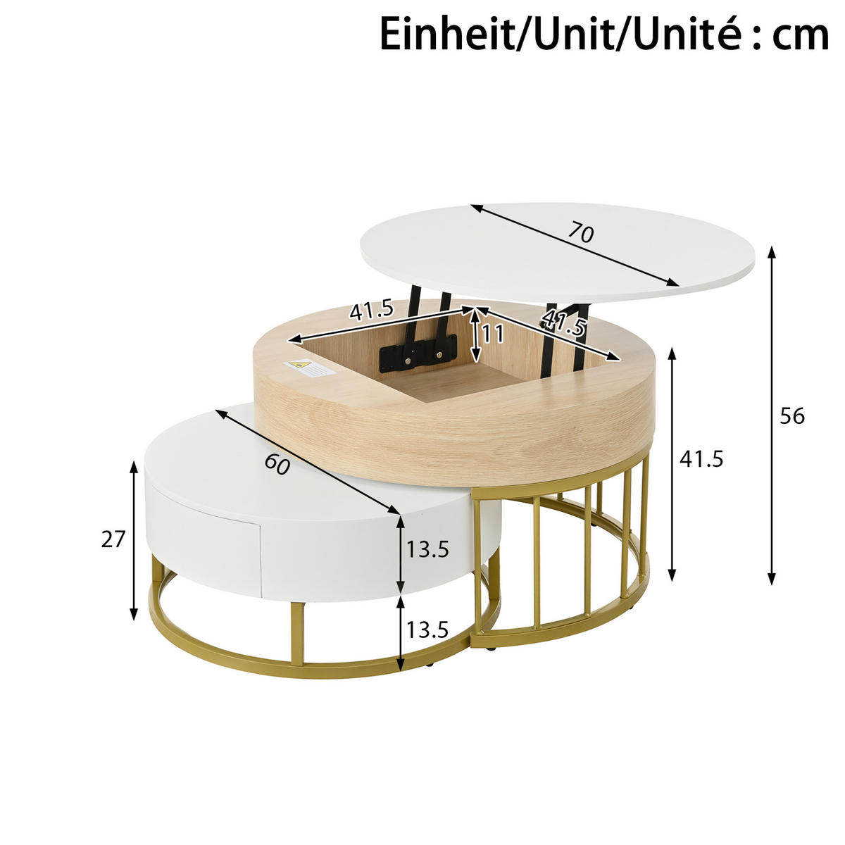 COUCHTISCH-KOMBINATION 70/70/56 + 60/60/27 cm in Weiß und Gold aus MDF mit Schublade - Weiß, Holzwerkstoff (70/70/56cm) - OKMYHOME