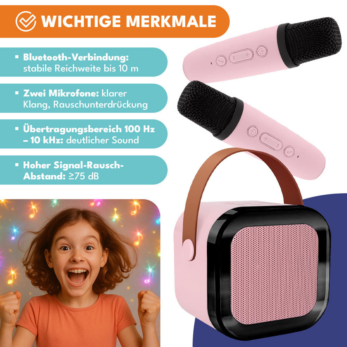 KARAOKE SPAß für Kinder - Rosa, Kunststoff (10/10cm) - KRUMAD