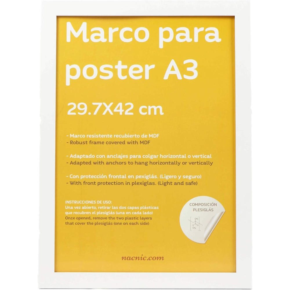 RAHMEN aus MDF und Acrylglas Schutz und Aussteller für Fotografien, Bilder, Poster, Gemälde, Dekoration für Haus Farbe Weiß A3 - Weiß, Holz (29.7/3/42cm) - Nacnic