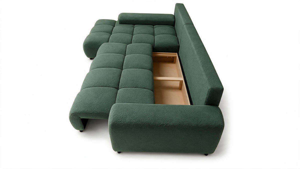 ECKSOFA Ovia mit Bettkasten und Schlaffunktion, Bouclé-Stoff in L-Form - Grün, Textil (270/185cm)