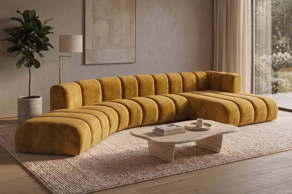 ECKSOFA Modulares In L-Form, Velvet-Stoff Riviera, Senffarbe, Rechts, GRAND Round - Gelb, Holz (445/179cm) - Kaiser Möbel