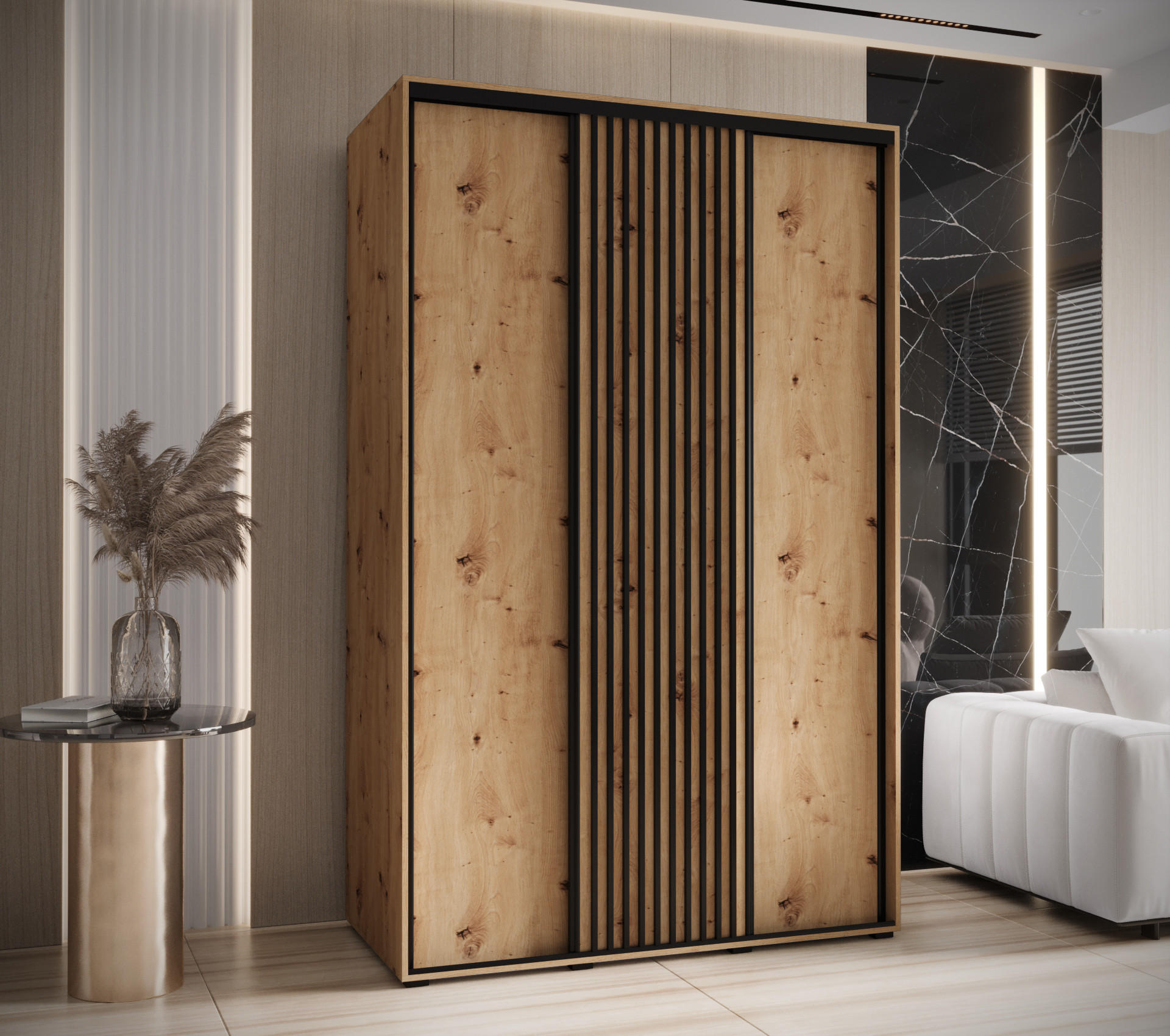 SCHWEBETÜRENSCHRANK 205,2/160/60 3-türig - Schwarz/Eiche Artisan, Holz/Metall (160/205.2/60cm) - Abiks Möbel