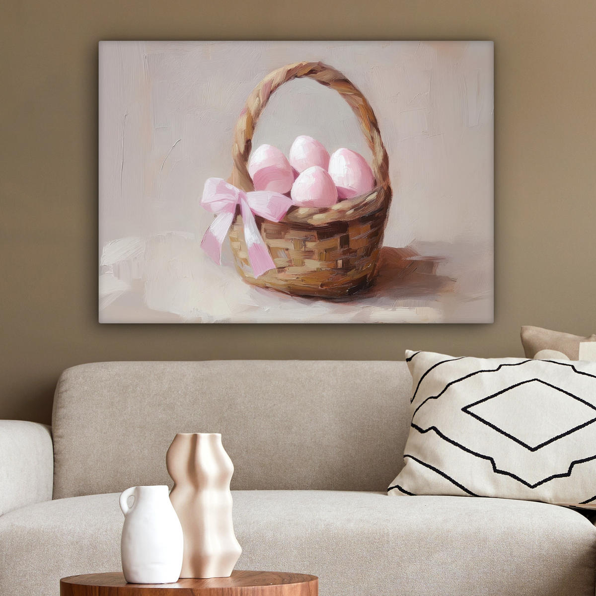 LEINWANDBILD Korb - Eier - Rosa Wandbilder 80x60 cm - Beige, Textil (80/60cm) - MuchoWow