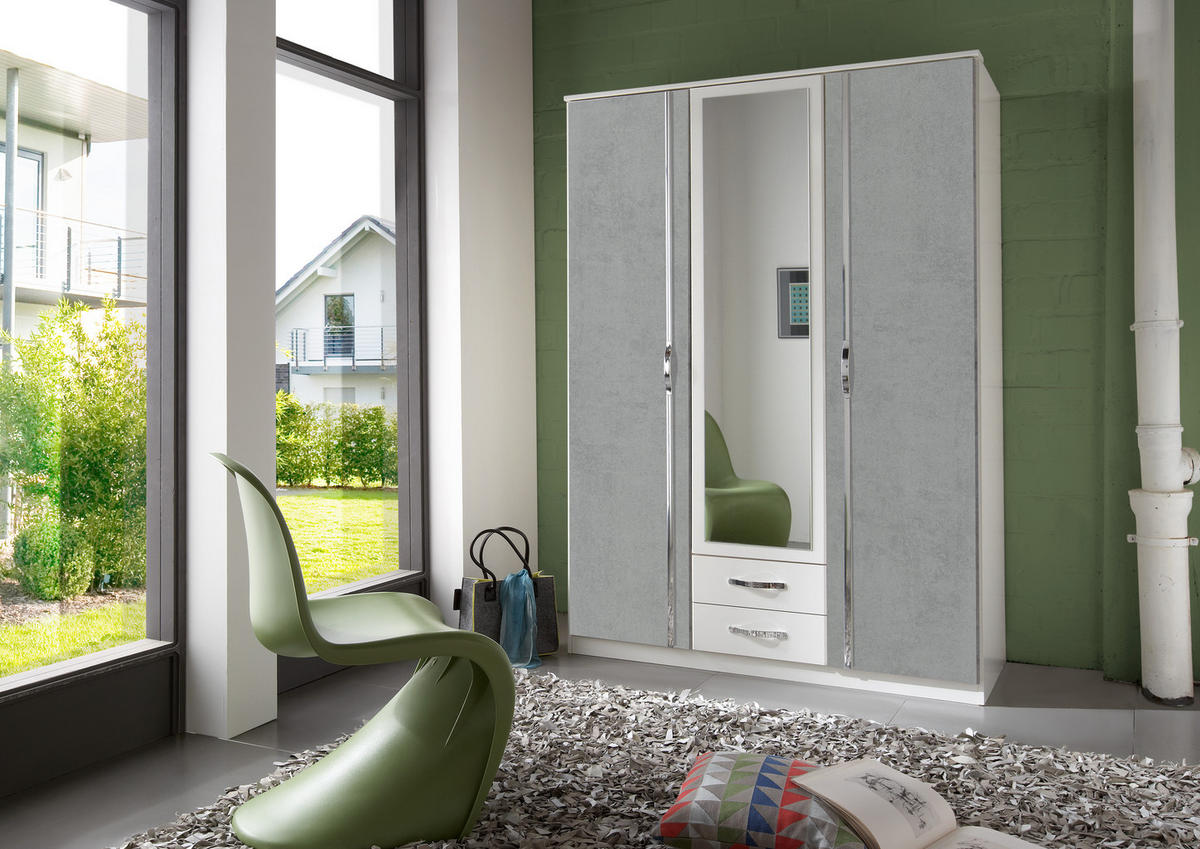 KLEIDERSCHRANK Duo in Weiß mit Beton mit Aufleistungen in Chrom 135x199x58 cm (BxHxT) – Drehtürenschrank 135 cm Breite - Weiß/Grau, Holzwerkstoff (120/200/80cm)