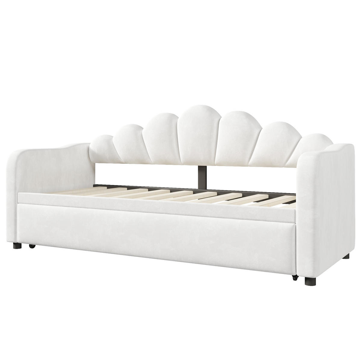 BETT 90/200 cm in Weiß Samt mit Ausziehbett und LED - Weiß, Holzwerkstoff/Textil (90/200cm) - WISHDOR