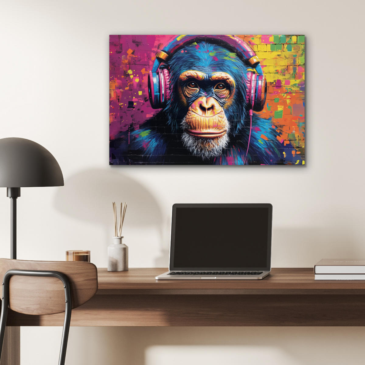 METALLBILD Graffiti - Schimpanse - Straßenkunst - Kopfhörer - Affe 60x40 cm - Blau, Metall (60/40cm) - MuchoWow
