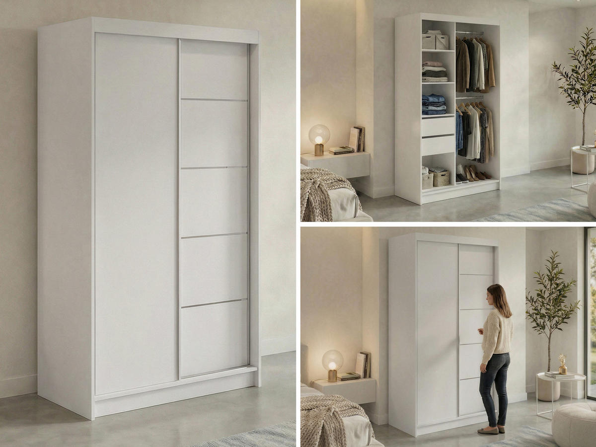 SCHWEBETÜRENSCHRANK mit Schubladen 120 - MACEDONIA - Weiß - Alufarben/Weiß, Holzwerkstoff/Metall (120/216/61cm) - MKS