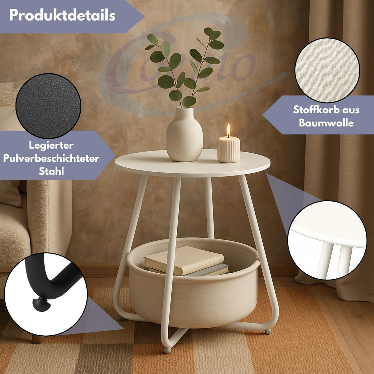 COUCHTISCH KOSI Metall mit Aufbewahrungskorb Canvas Weiß - Weiß, Metall (50/50/45cm) - Coemo
