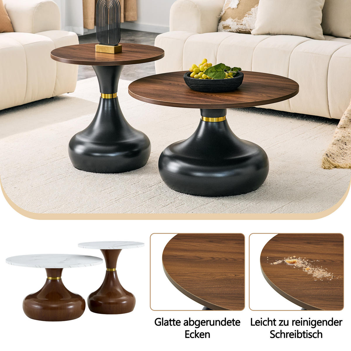 COUCHTISCH 2-tlg Rund Ø70cm/Ø50cm Sanduhrform Walnuss-Holzoptik Metallgestell - Schwarz, Metall (50/52/37cm) - Raelunyi