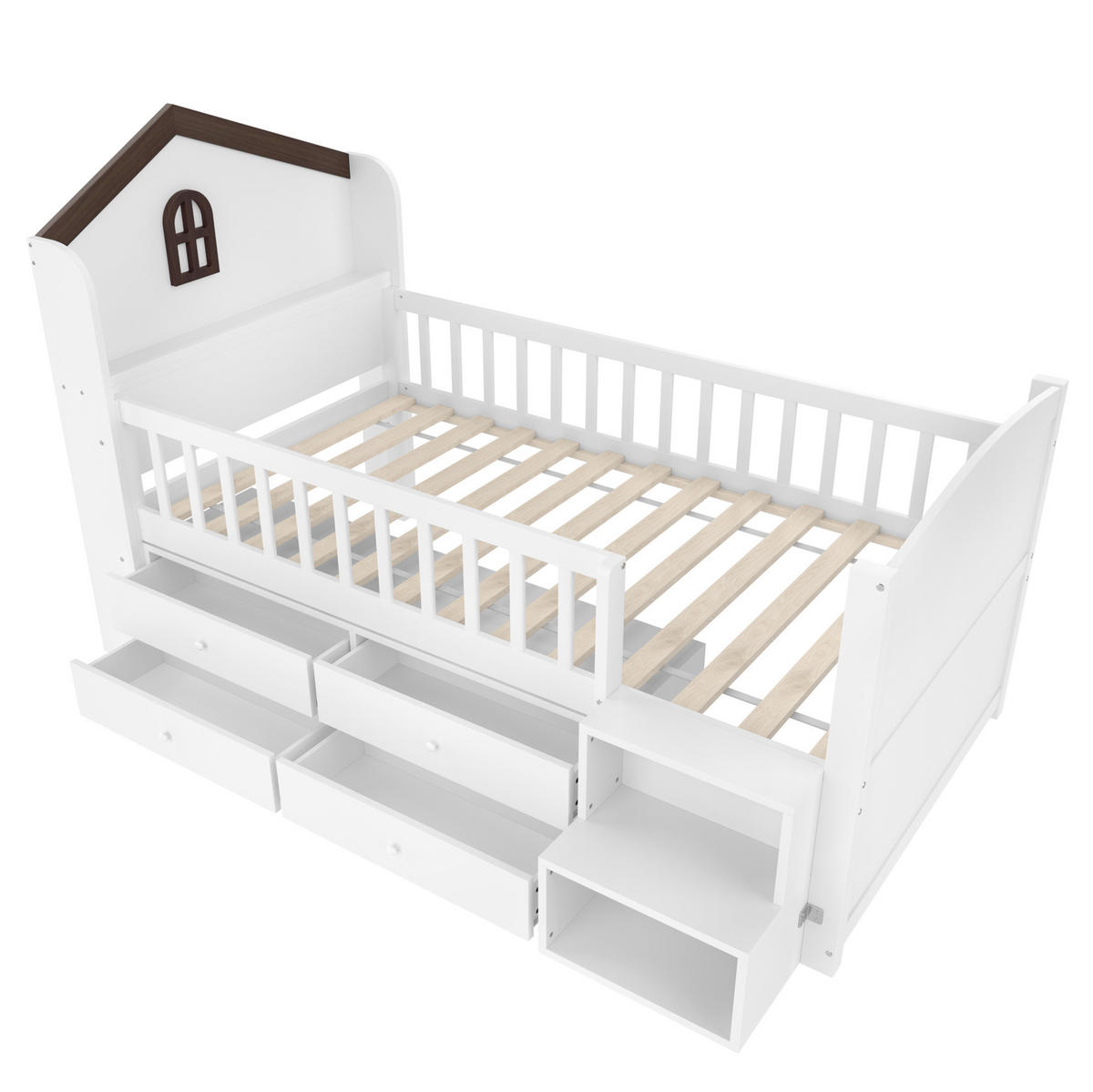 KINDERBETT 90/200 cm in Hausform mit LED, Stauraumleiter und 4 Schubladen - Weiß, Holz (90/200cm) - BEAOK