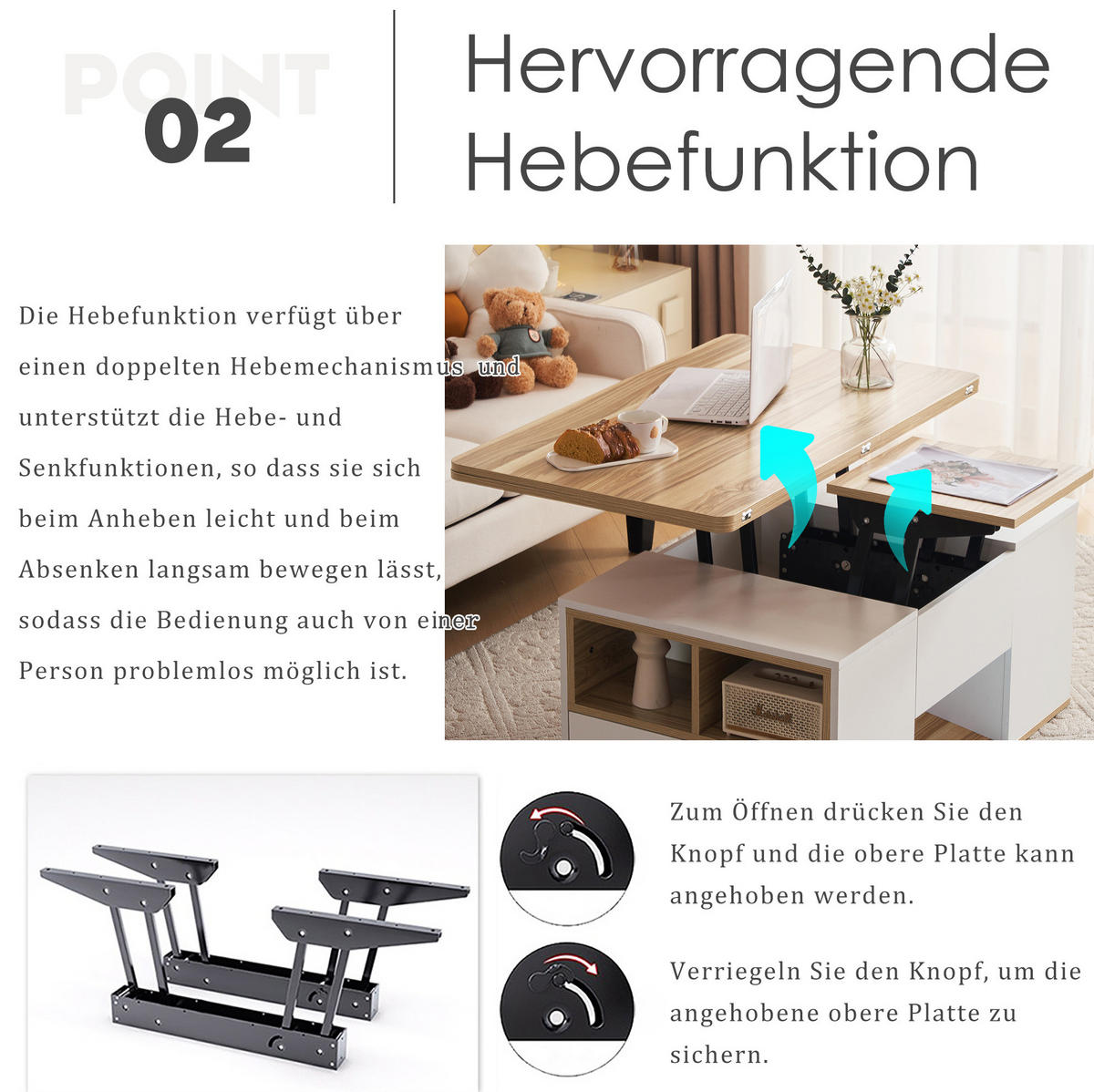 COUCHTISCH 100/51 cm höhenverstellbar mit Stauraum und 2 Schubladen - Weiß, Holzwerkstoff (100/51/47cm) - BEAOK