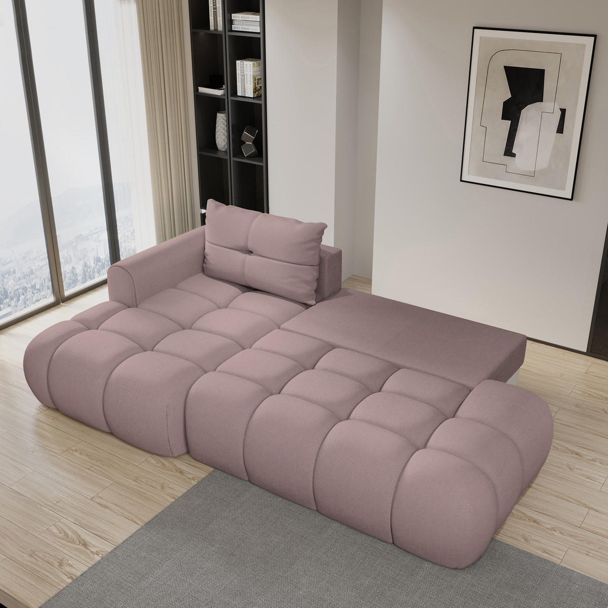 ECKSOFA FLUMA L-S Rosa Geflochtener Stoff mit Schlaffunktion - Rosa, Holz (274/165cm) - MASSENO