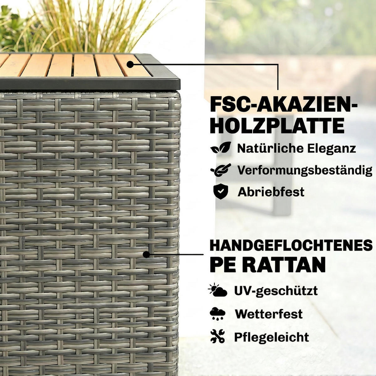 AUFBEWAHRUNGSBOX aus Akazienholz & PE-Rattan, Dunkelgrau - Dunkelgrau, Holz (68/67.5/120cm) - Outsunny