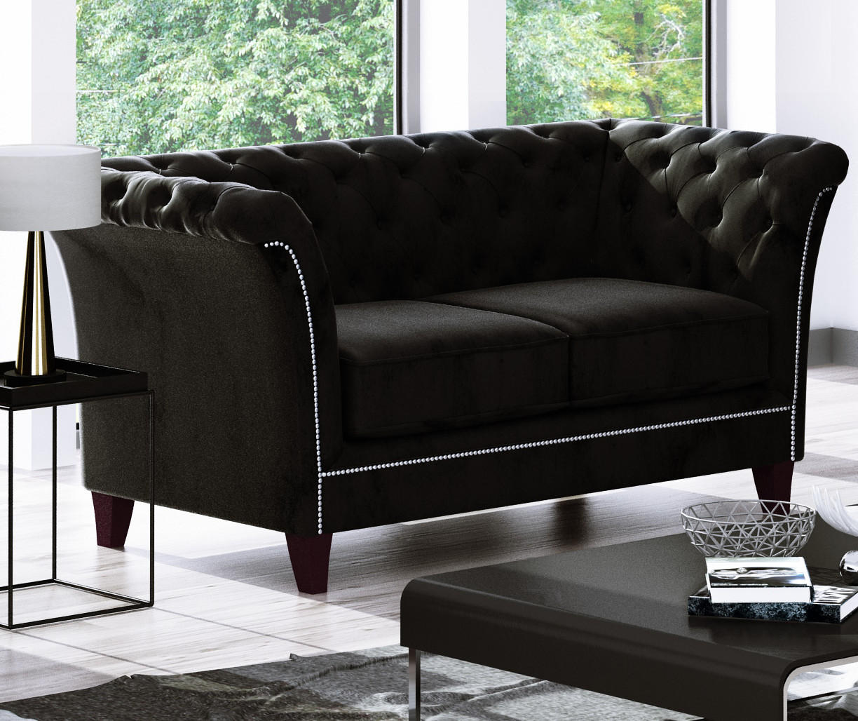 CHESTERFIELD-SOFA 2-Sitzer Fusion Schwarz Samt - Schwarz/Braun, Holz/Textil (175/75/82cm) - S-Style Möbel
