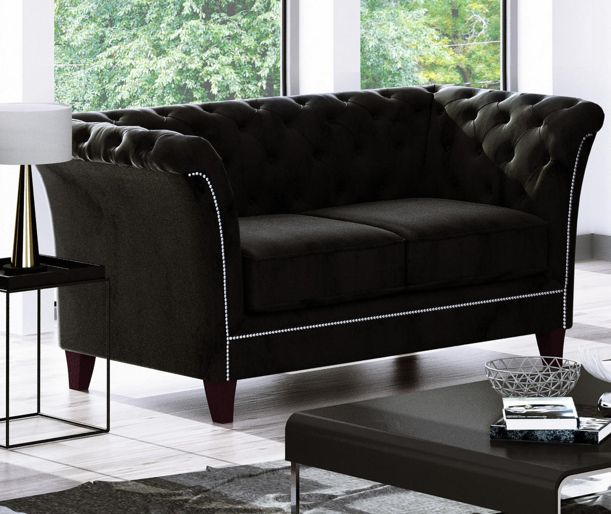 SITZGARNITUR 3+2+1 Chesterfield Fusion Schwarz Samt - Schwarz/Braun, Holz/Textil (237/75/82cm) - S-Style Möbel