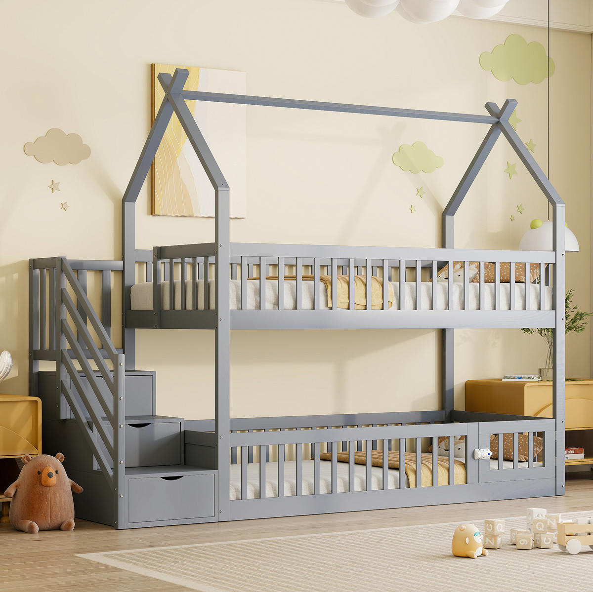 ETAGENBETT mit Dach, Treppe und Schubladen 90x200 cm Kiefernholz Grau - Grau, Holzwerkstoff (90/200cm) - Beauniv