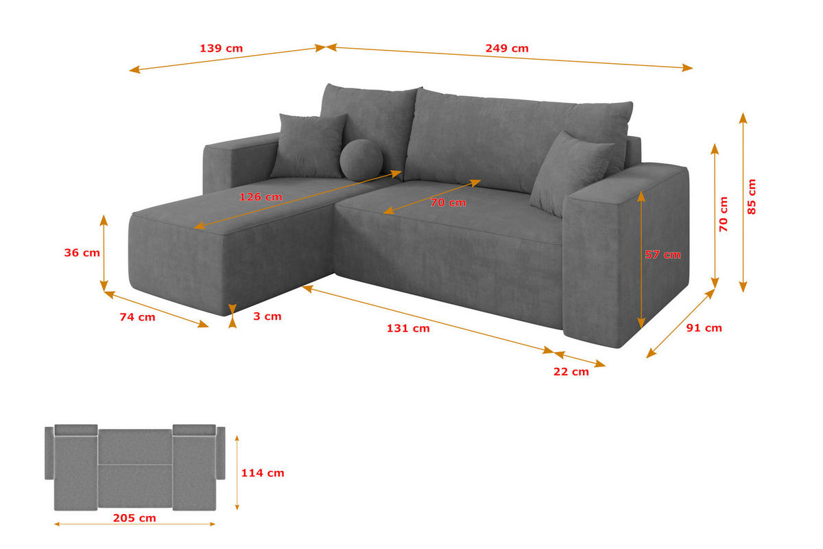 ROHOVÁ SEDAČKA s funkcí spaní, otoman vlevo SENO-L 249x139x85 šedá velur - černá/šedohnědá, kompozitní dřevo/textil (249/139cm) - ALTDECOR