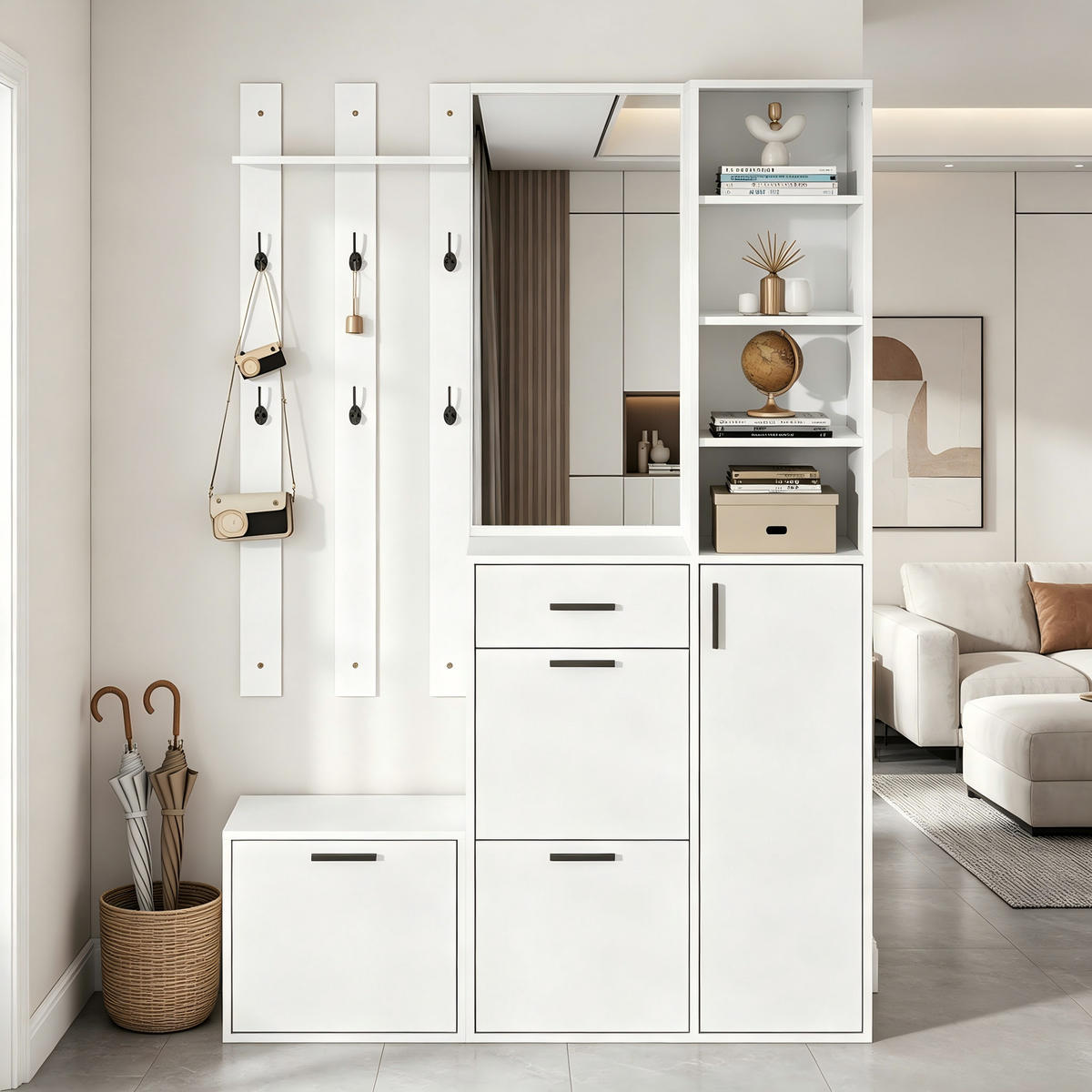 GARDEROBEN-SET in Weiß mit Spiegel und Kleiderhaken für Flur, B120/T30/H178 cm - Weiß, Holzwerkstoff (120/178/30cm) - STILVORA