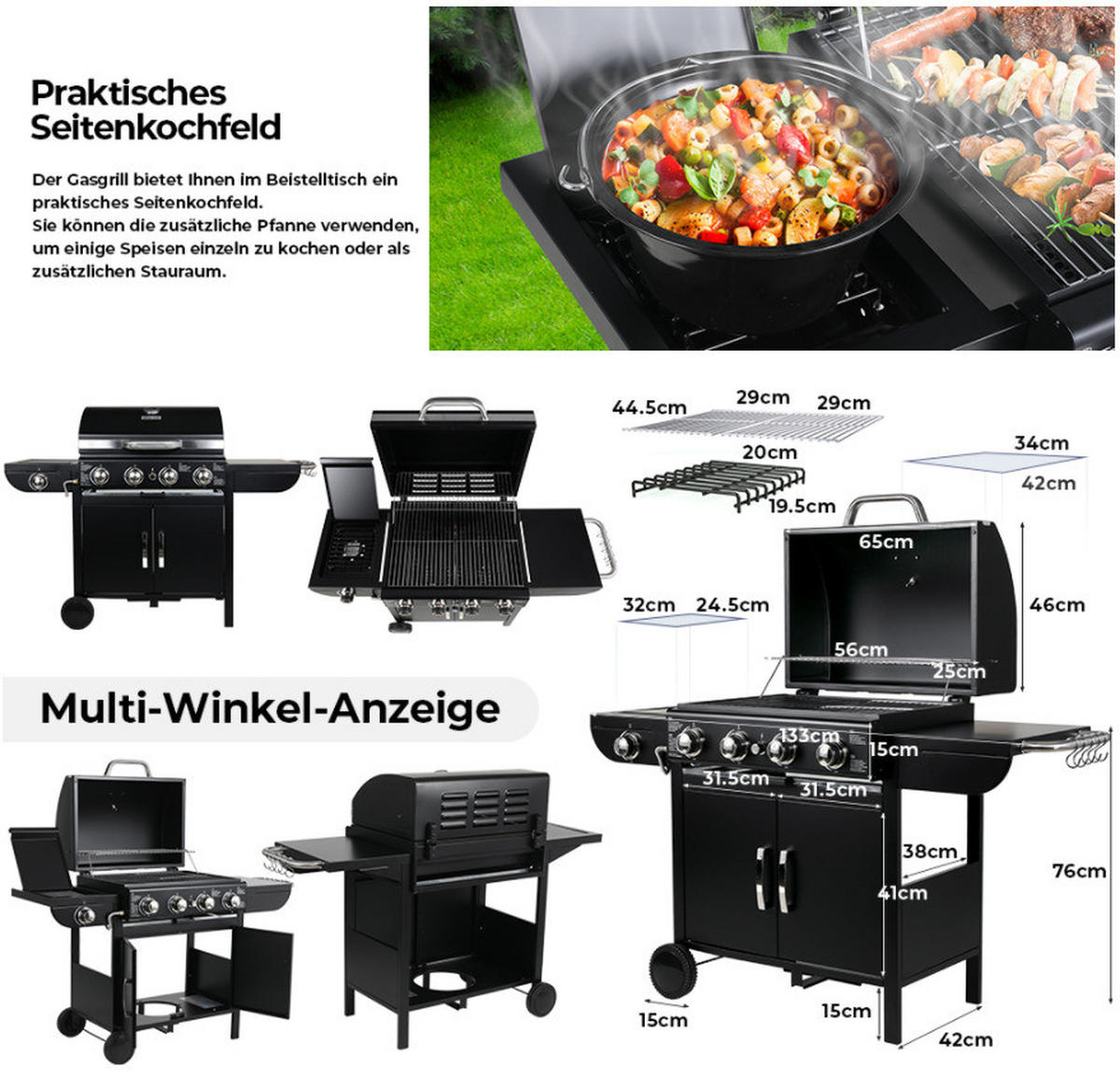 GASGRILL mit Wagen – 4 Brenner, Piezozündung, Thermometer - Schwarz, Metall (42/76/133cm) - Auledio