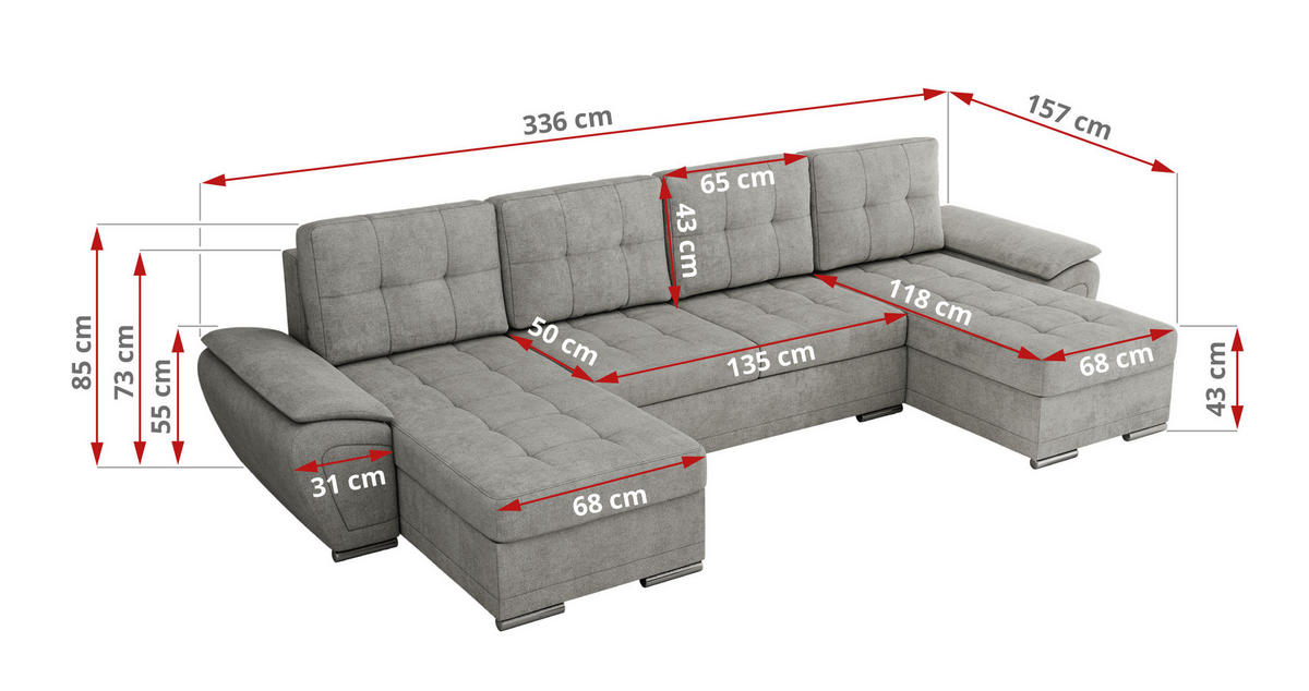 WOHNLANDSCHAFT UMBRIA U Hellgrau Stukture - Hellgrau/Grau, Textil/Metall (336/85/157cm) - MKS