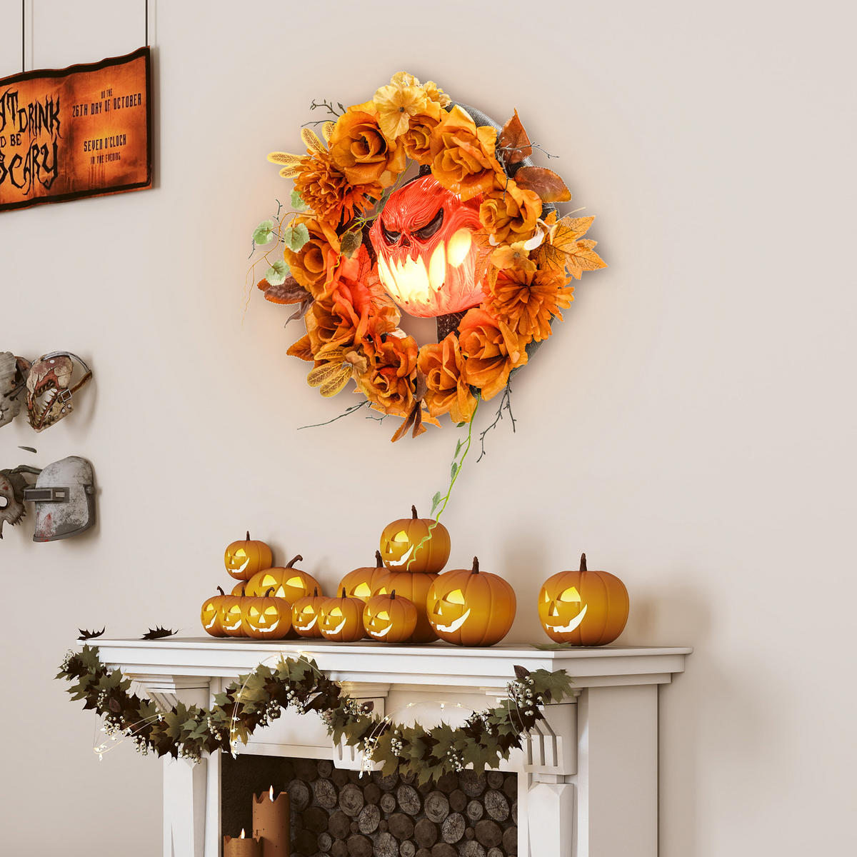 HALLOWEEN Dekoration Hängender Kürbis-Kranz mit 44 LEDs mit Flammeneffekt - Orange, Textil (9/44/44cm) - Outsunny