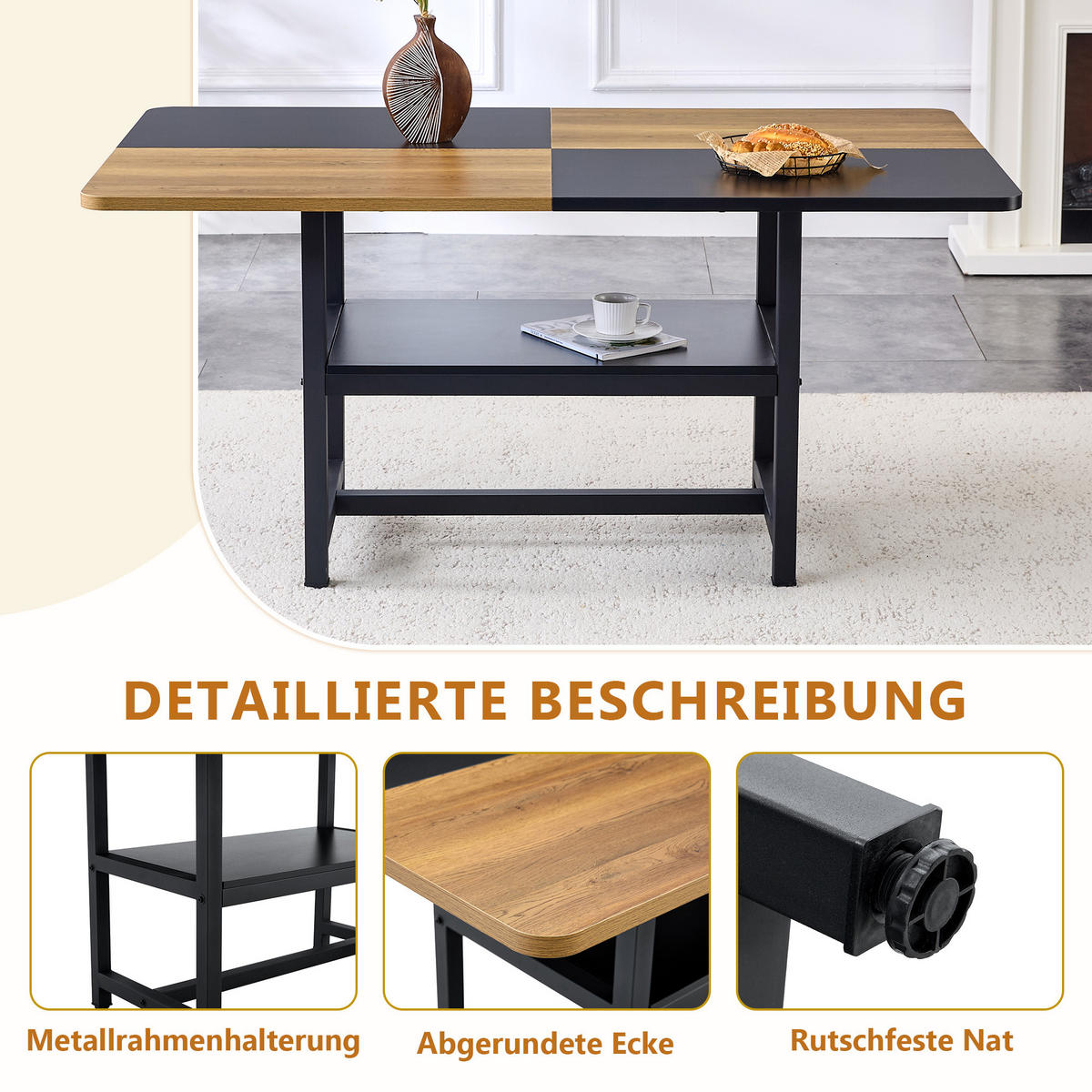 ESSTISCH 160/90/76 cm Braun Schwarz mit Ablage aus MDF und Metall - Schwarz, Holzwerkstoff (160/90/76cm) - OKWISH