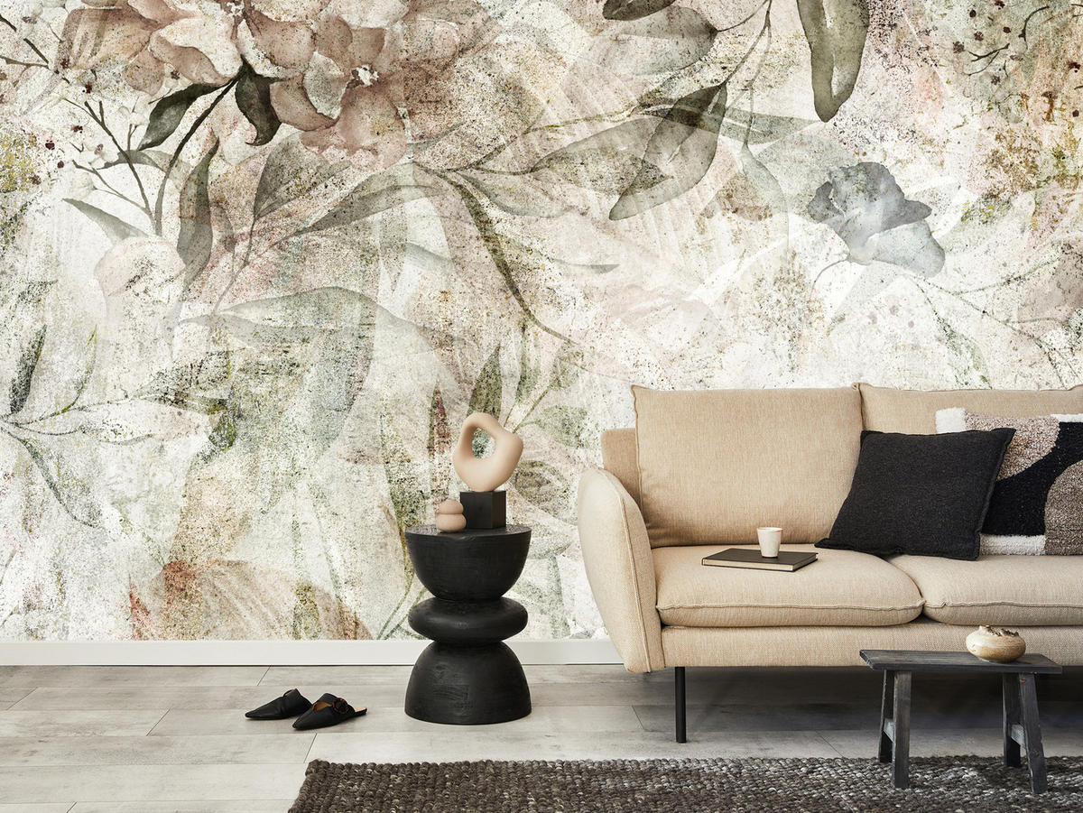 FOTOTAPETE für Schlafzimmer Retro Blumen Blätter Beton Abstrakt Vintage 200x140 - Beige/Braun, Papier (200/140cm) - Muralo