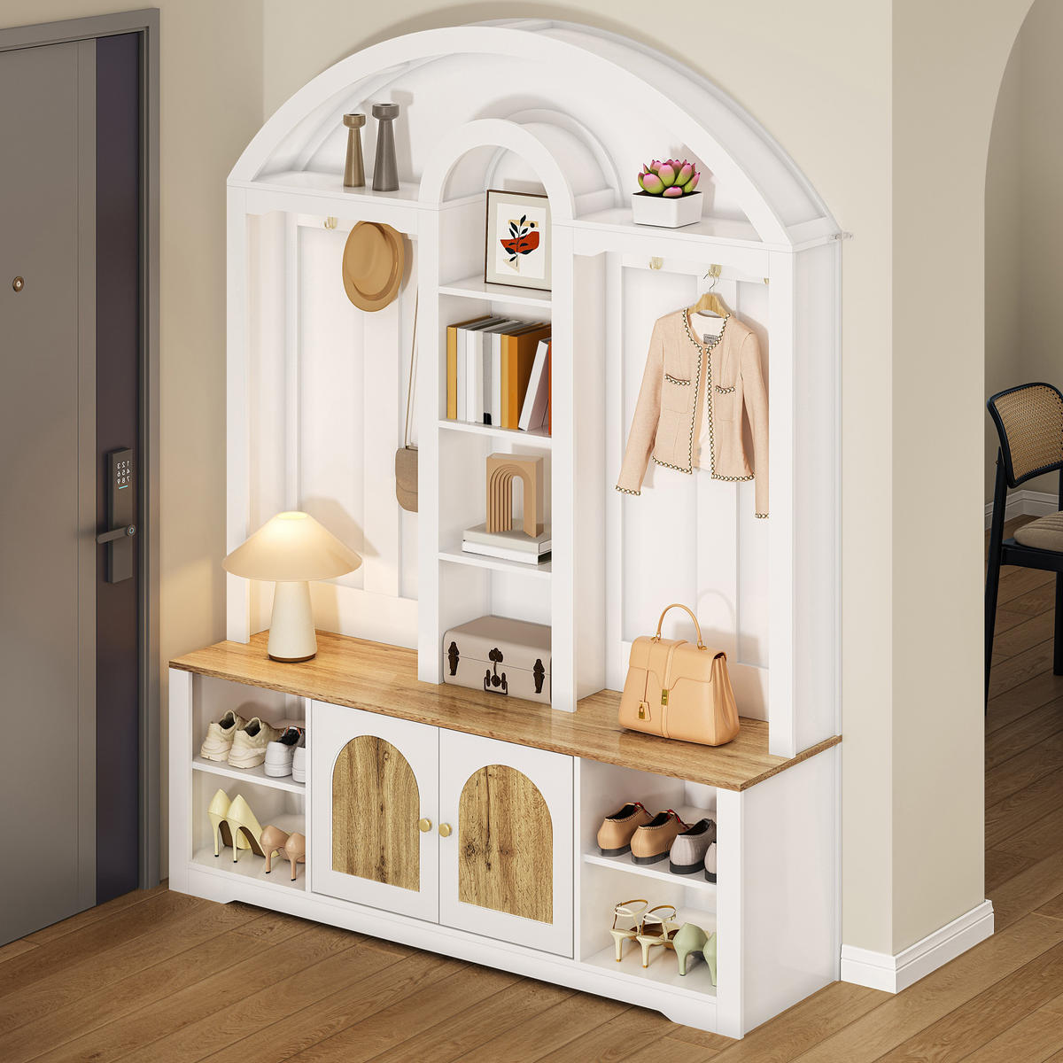 GARDEROBE Flur geschwungenes Design offene Regale LED Hakenleiste multifunktionaler Stauraum - Weiß, Holzwerkstoff/Metall (150/195/40cm) - EVRYAE
