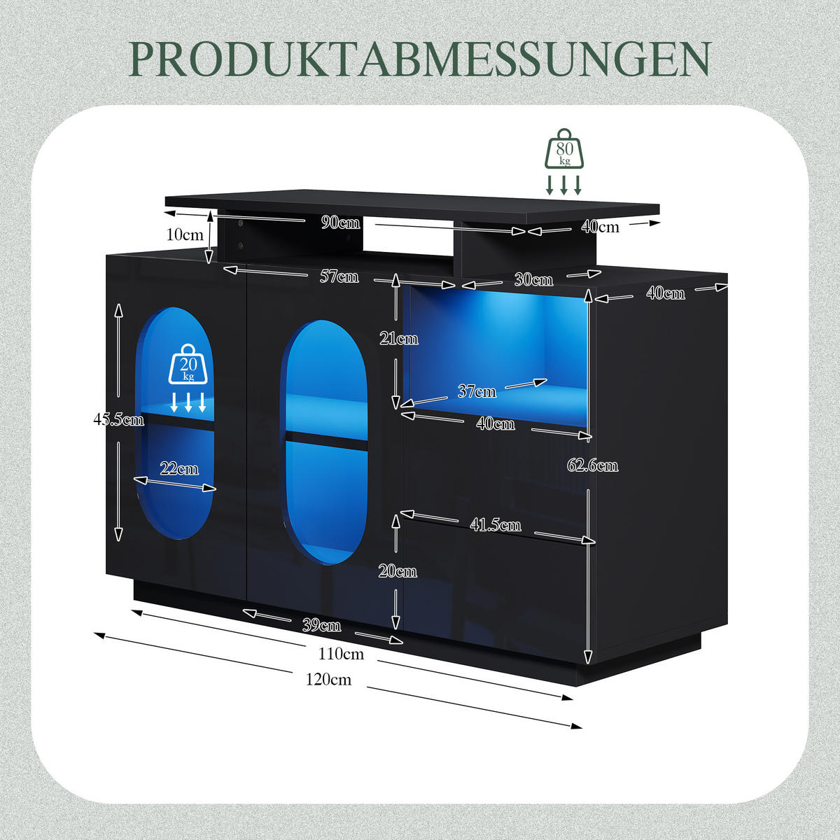 SIDEBOARD aus Holzwerkstoff 120x40x80 cm Schwarz mit LED-Beleuchtung, Glasvitrine und verstellbaren Einlegeböden - Schwarz, Holzwerkstoff (120/80/40cm) - Modfu