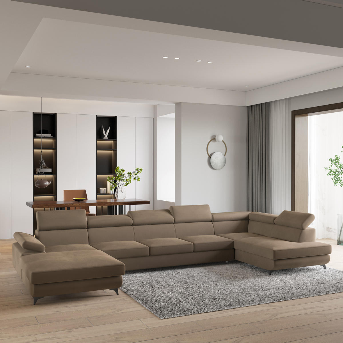 WOHNLANDSCHAFT MONTIVA Beige Velours-Stoff mit Schlaffunktion - Beige, Holz (410/89/190cm) - MASSENO