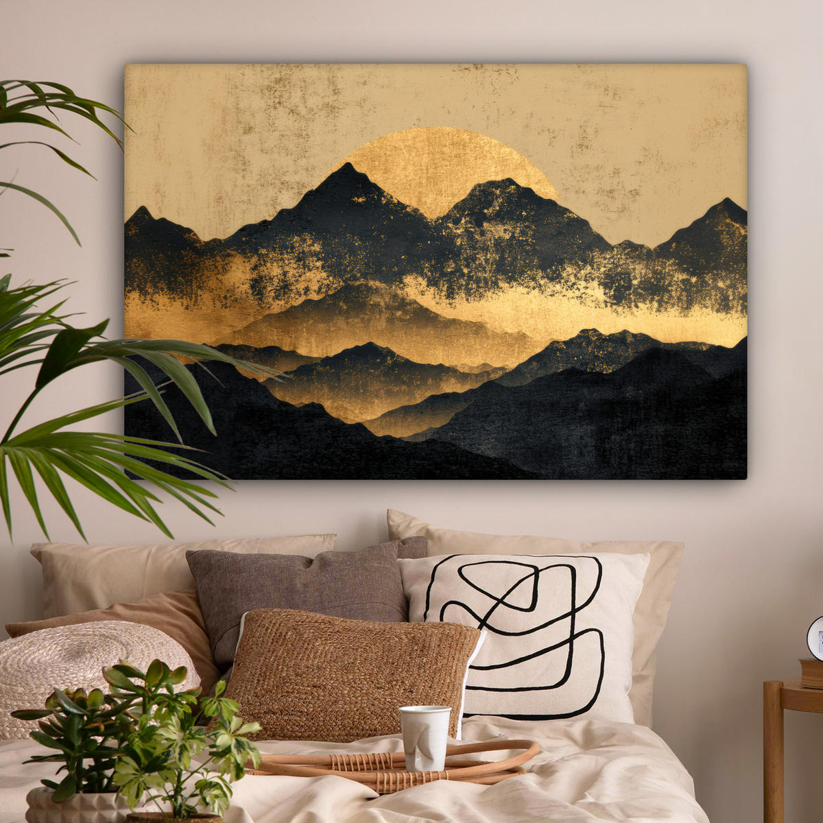 LEINWANDBILD Goldene Berge bei Mondschein Groß 140x90 cm - Goldfarben, Textil (140/90cm) - MuchoWow