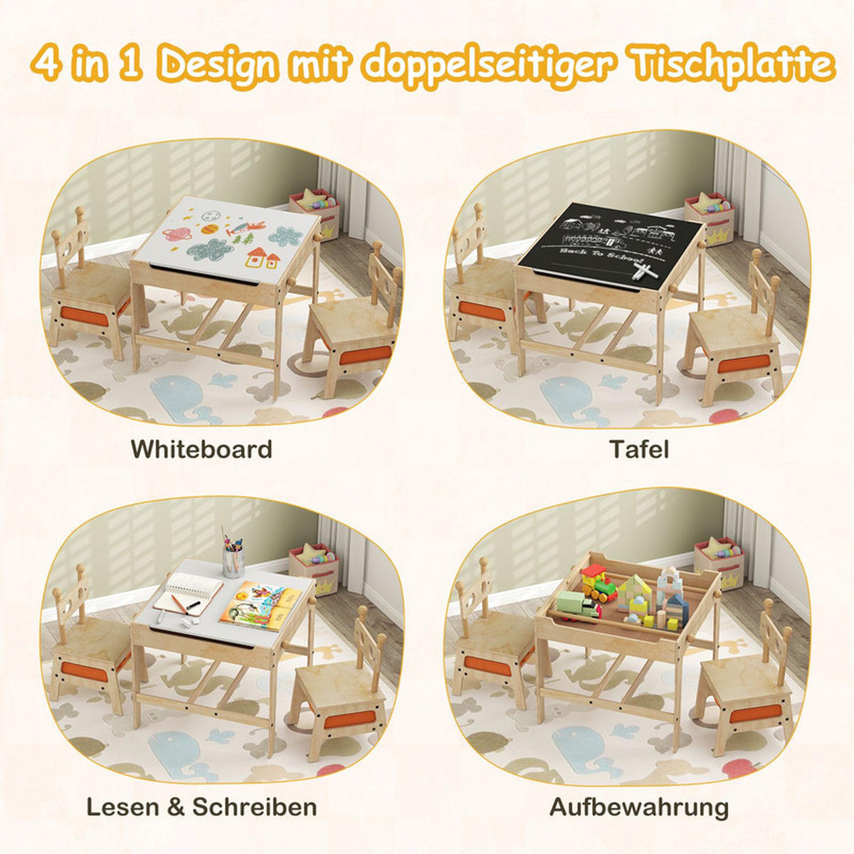 KINDERTISCH mit Stühlen natur(3-tlg) - Naturfarben, Holzwerkstoff (60/49/60cm) - COSTWAY