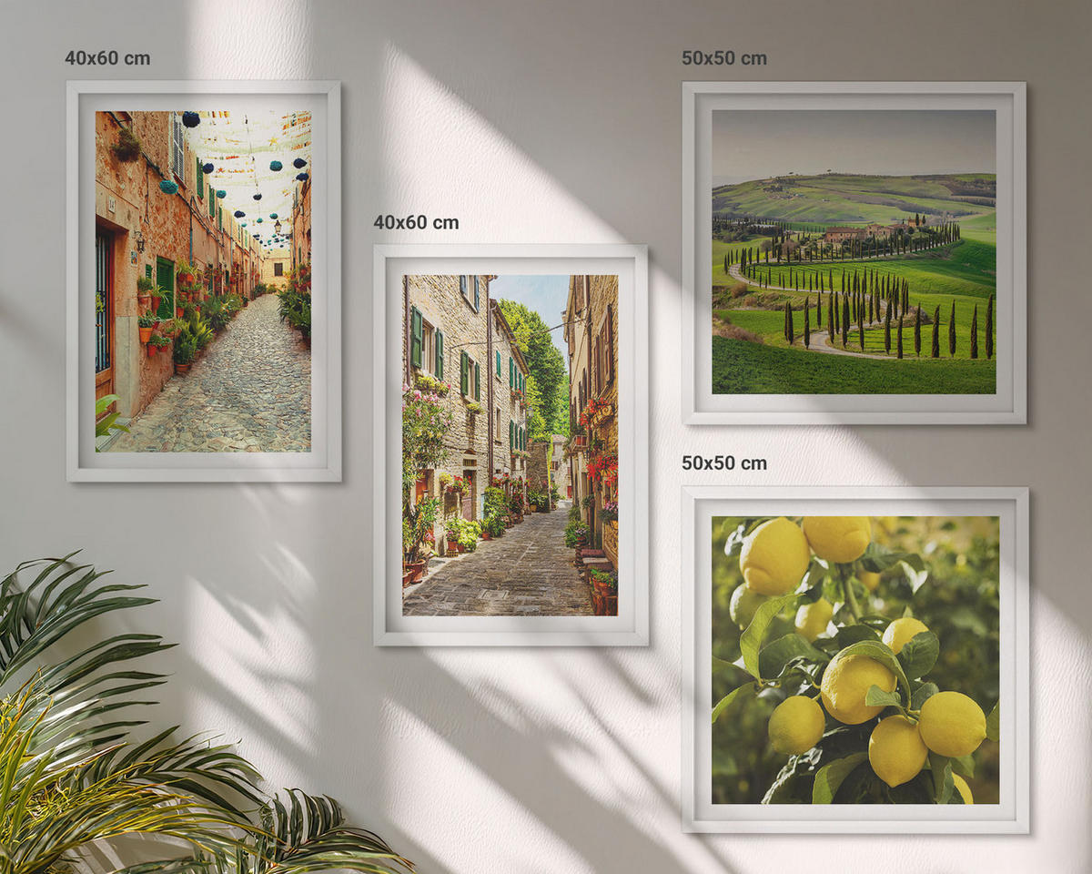 WANDBILDER 4er-Set - 50x50 cm & 40x60 cm Weißer Rahmen - Bezaubernde Straßen voller Zitronenblüten - Weiß, Kunststoff (50/50cm) - ArtPrintCave