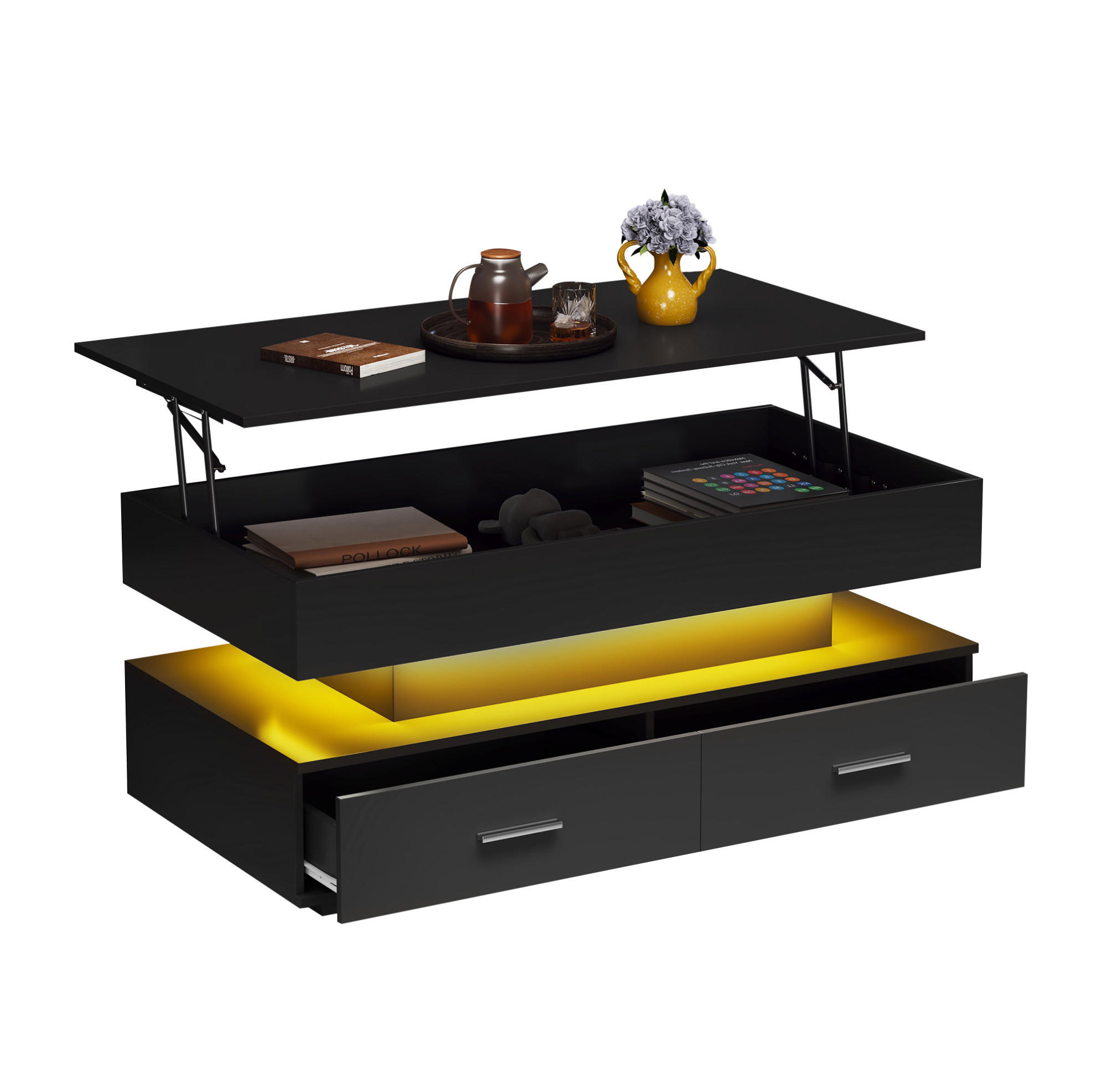 COUCHTISCH 100/50/44 cm mit LED-Beleuchtung und höhenverstellbarer Tischplatte - Weiß, Holzwerkstoff (100/50/44cm) - Flora Grace