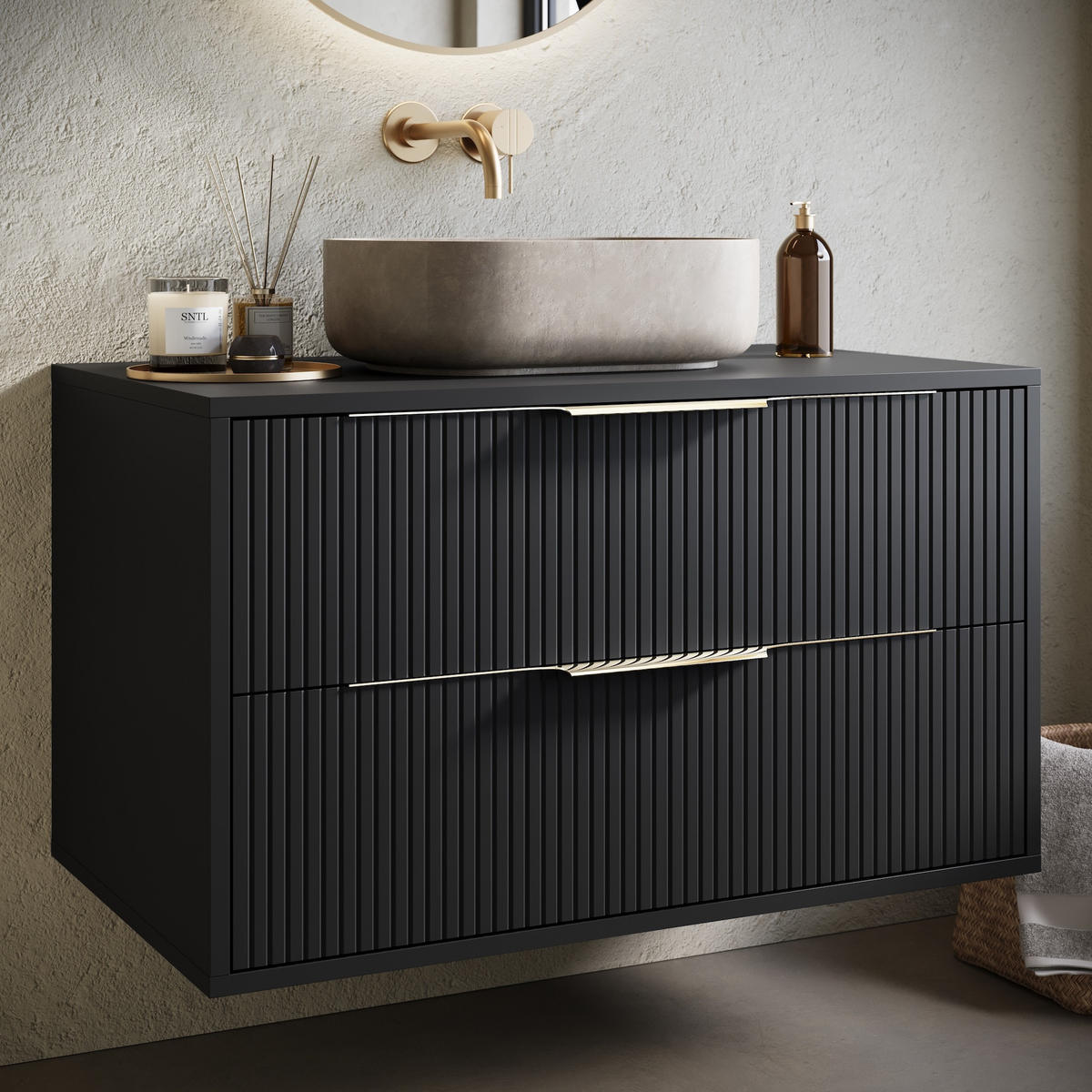 WASCHBECKENUNTERSCHRANK Rimini 2 Schubladen Schwarz Matt - 80 x 46 x 46 cm - Schwarz, Holz (80/46/46cm) - Badplaats
