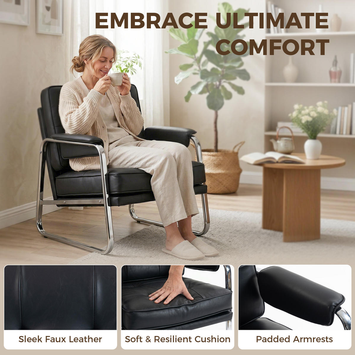 SESSEL LOUNGESESSEL DE-06615 breiter Sitz, Armlehnen, Stahlbeine, Kunstleder Schwarz - Schwarz, Leder/Metall (79/84/80cm) - ComfortXL