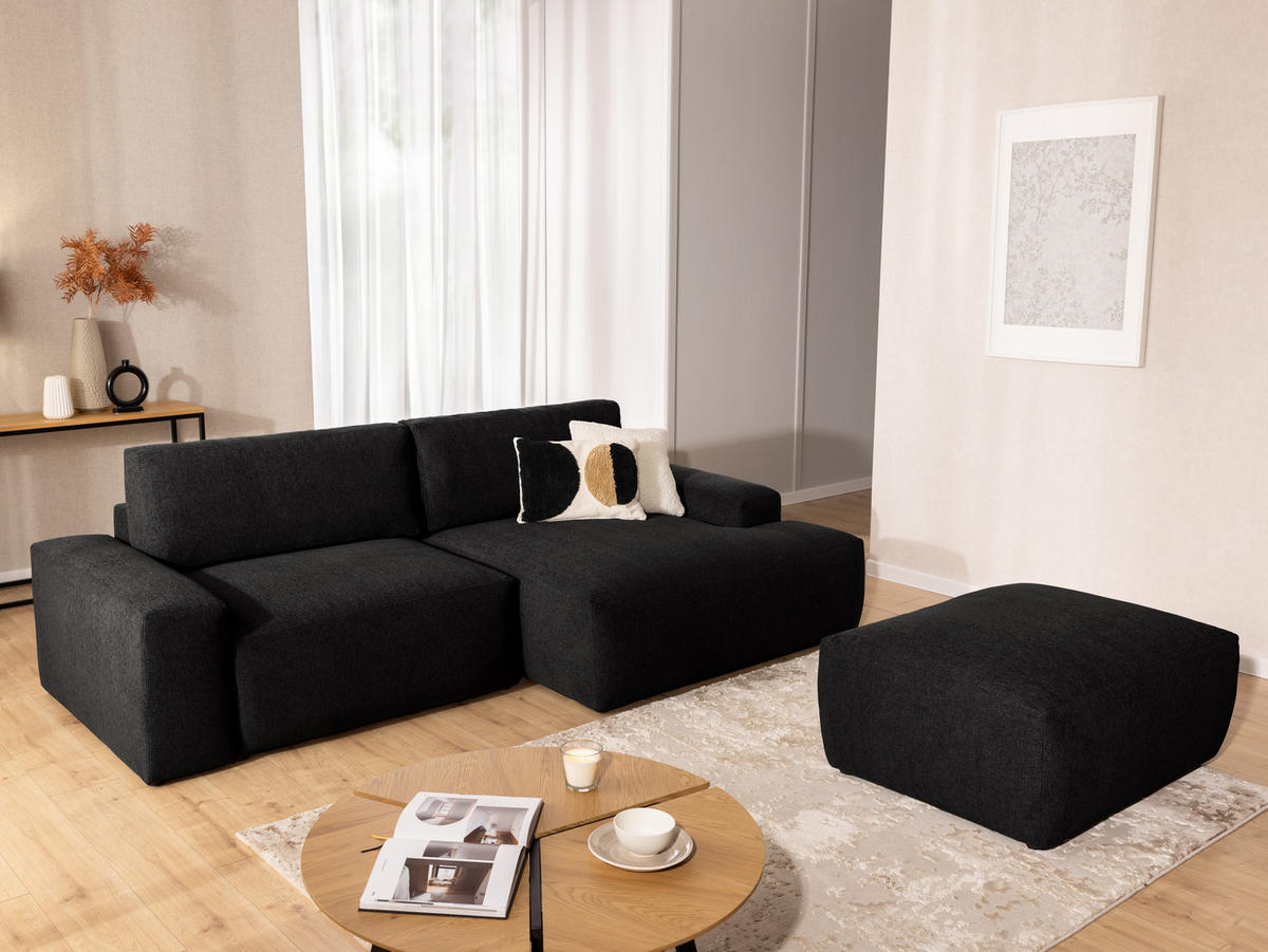 ECKSOFA inkl. Hocker Lennon aus Schwarz Strukturstoff mit Schlaffunktion und Bettkasten - Schwarz, Holz/Kunststoff (264/137cm) - S-Style